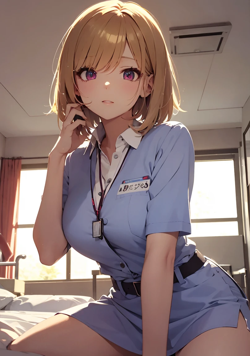 masterpiece, absurdres, best quality, ultra detailed, high Resolution, detailed illustration, extremely beautiful detailed face and eyes, bright colour, 1girl, (), cute face, Delicate beautiful face, magenta eyes, cute eyes, sparkling eyes, big eyes, medium breasts, (perky breasts:1.1), (pointy breasts:1.1), medium hips, glamorous body, white skin, happy, BREAK, long bob cut, (blonde hair:0.8), messy hair, detailed hair, shiny hair, BREAK nurse uniform, tiny ribbon, health check, Physical examination, hospital, real world, natural lights, perfect lighting,