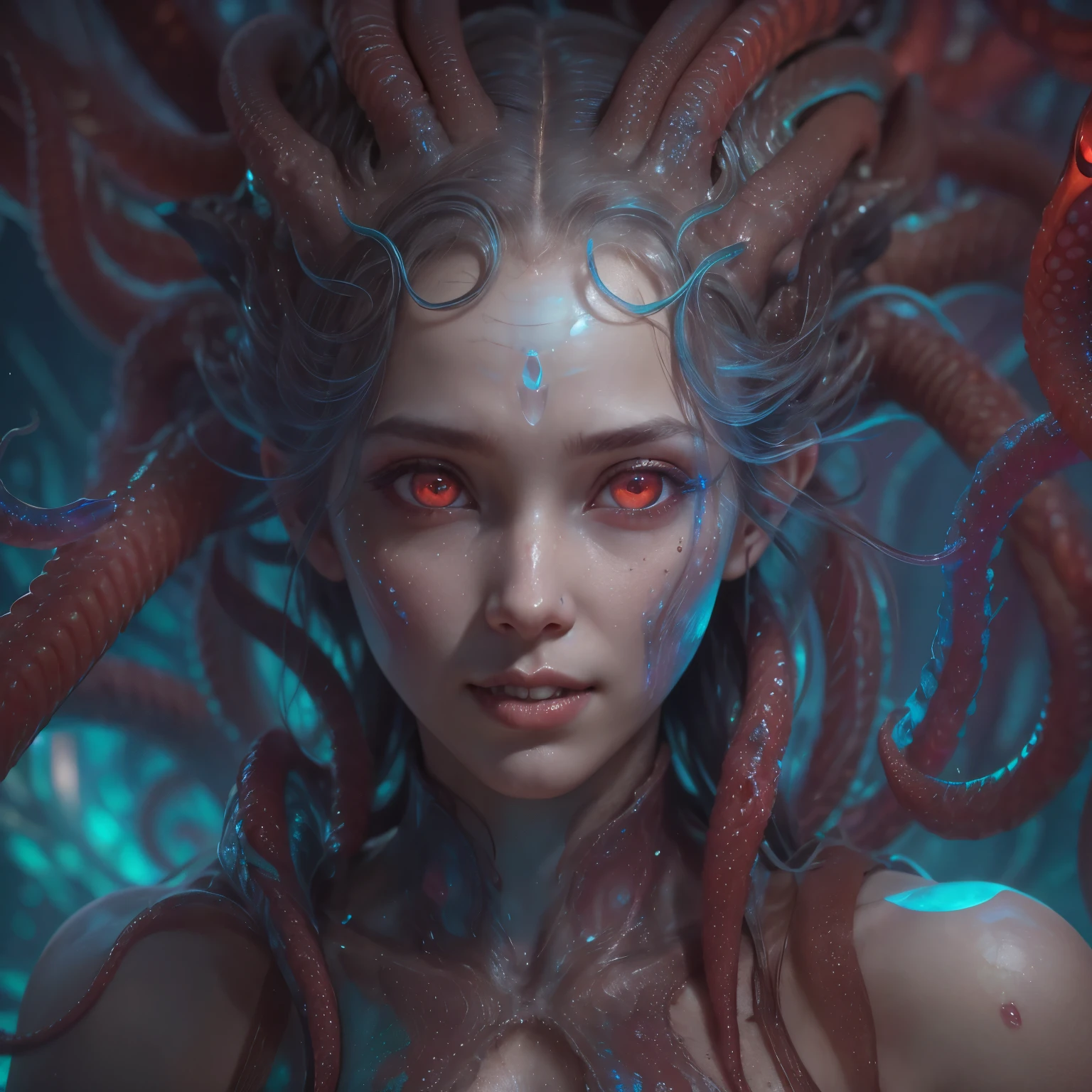 best quality, masterpiece, ultra high resolution, (photos realistic:1.7), scary and sexy detailed art in color, Portrait, (beautiful and obscene female alien:1.4), (vulgarity1.7), (she has red eyes with no pupils:1.8), (She has translucent pale skin:1.7), (There is a female genital-like organ in the middle of the forehead:1.95), (She has the most beautiful face in the history of the universe:1.2), (She has multiple bioluminescent organs on the side of her tentacles:1.4), (Her body is covered with an iridescent exoskeleton:1.3), (She is showingh her arm pits:1.4), an evil gaze that seduces, (large mouth:1.1), (sharp teeth like a vampire:1.2), Full body portrait, (bio luminescent:1.5), (Smile wickedly:1.3), (sexypose:1.5), alien, No humans, cells are fused, (There are lots of translucent tentacles from her head:1.3) extraterrestrial, cell, bio image, best quality, 8K,In 4K_quality, High freshness, Dramatic Lighting, cinematic quality, detail up, (exquisite details:1.2), High freshness, drawing faithfully, (Thick eyebrows:1.2), Beautiful eyes with fine symmetry,(Highly detailed face and eyes:1.2),(Super detailed skin quality feeling:1.4), perfect anatomy, (Beautiful toned body:1.5), (Moist skin:1.2), not wearing makeup, (dark circles:1.1), long canines, cinematic drawing of characters, cinematic quality, detail up, (exquisite details:1.2), high resolution, High freshness, drawing faithfully, official art, Unity 8K Wall paper, ultra detailed artistic photography, midnight aura, unreal engine 5, Ultra Sharp Focus, art by Amano Yoshitaka, ArtGerm, Roisch, intricate artwork,ultra realistic realism, dream-like, nautilus, Creation of fantasy, dream Snail, (biopunk nautilus:1.3),Thrilling color schemes, seductively smiling, Blue tentacles, Amazing mutation, well-proportioned body, goddess of the deep sea, fractal, Geometric pattern, impossible figures,(asymmetry:1.4), (white tentacles with blue stripes:1.4), subtle emerald green accents, (expression of ecstasy:1.6)