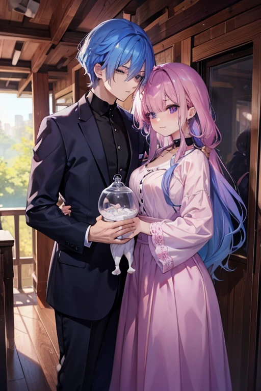 A pink haired woman with violet eyes with an hourglass figure is holding a blue haired baby boy with violet eyes in front of a cabin