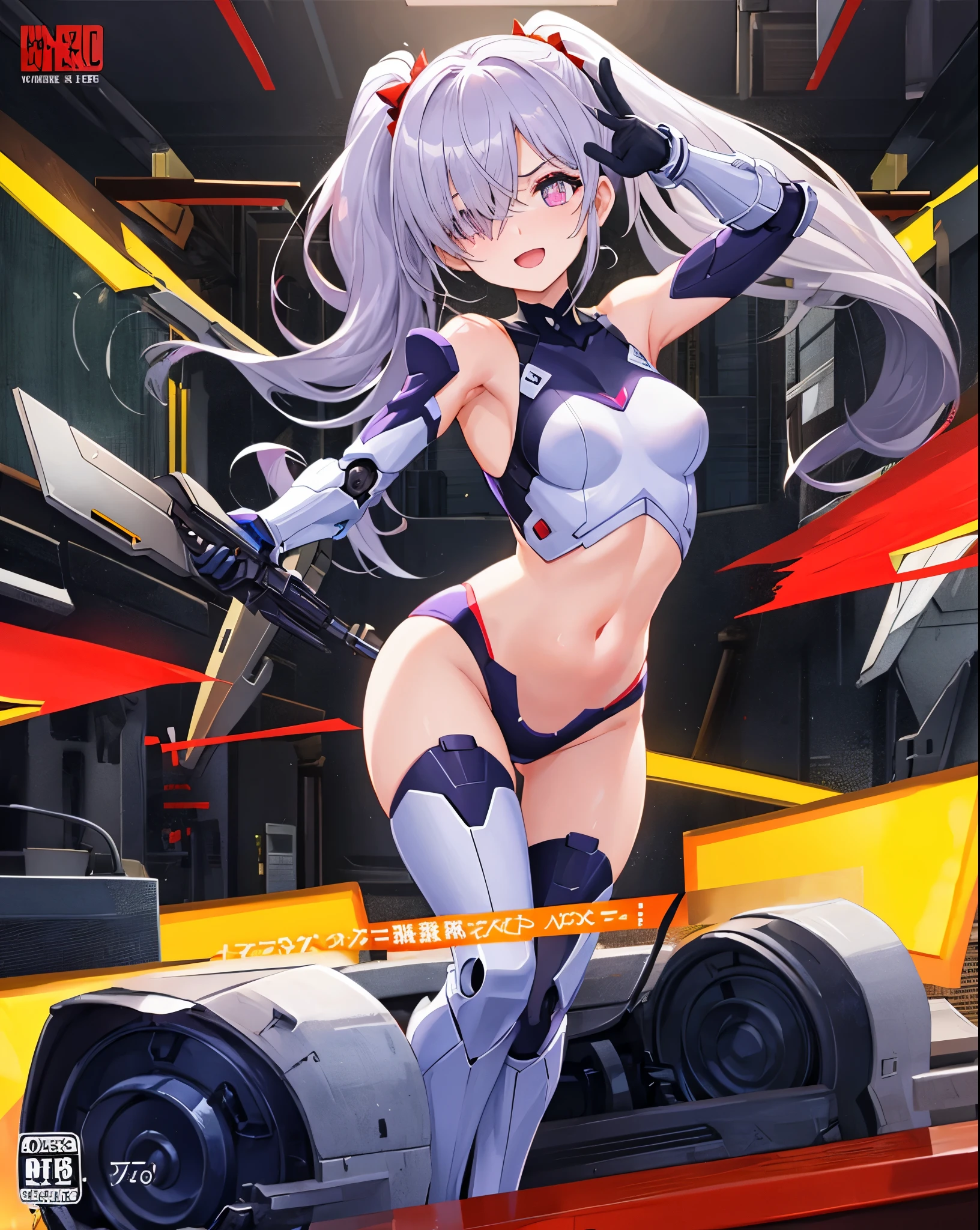 Japanese_anime_style,1figure_girl,(:1.5), (short_ponytail:1.3), (light_whitish_purple_hair:1.3),black_mechanical_armor_parts,white_breasts_parts_red_black_body_suit,bare_shoulder,bare_slender_thighs,medium_breasts,on_the_desk, desk_background,Stinging_eyes,(half_pupil:1.5),sleepy,thighhigh_greaves,gauntlets,dynamic_posing,bare_frank,metal_red_parts_armor,red_eye,
fists,hold_weapon,glare,navel,large_mechanical_parts,happy,waist_armor,open_mouth,rise_legs,apart_legs, (covered_navel:1.3),(very_long_bangs:1.3), (hair_over_one_eye:1.5),(long_bang_covers_right_half_of_face:1.5),
(covered_pussy:1.1),covered_breasts,armpits,