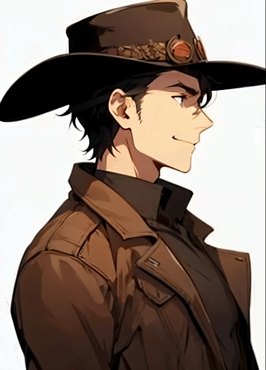 wild west shooter, adult man, brown jacket, no simbol, brown hat, no simbol, black hair, smile, anime