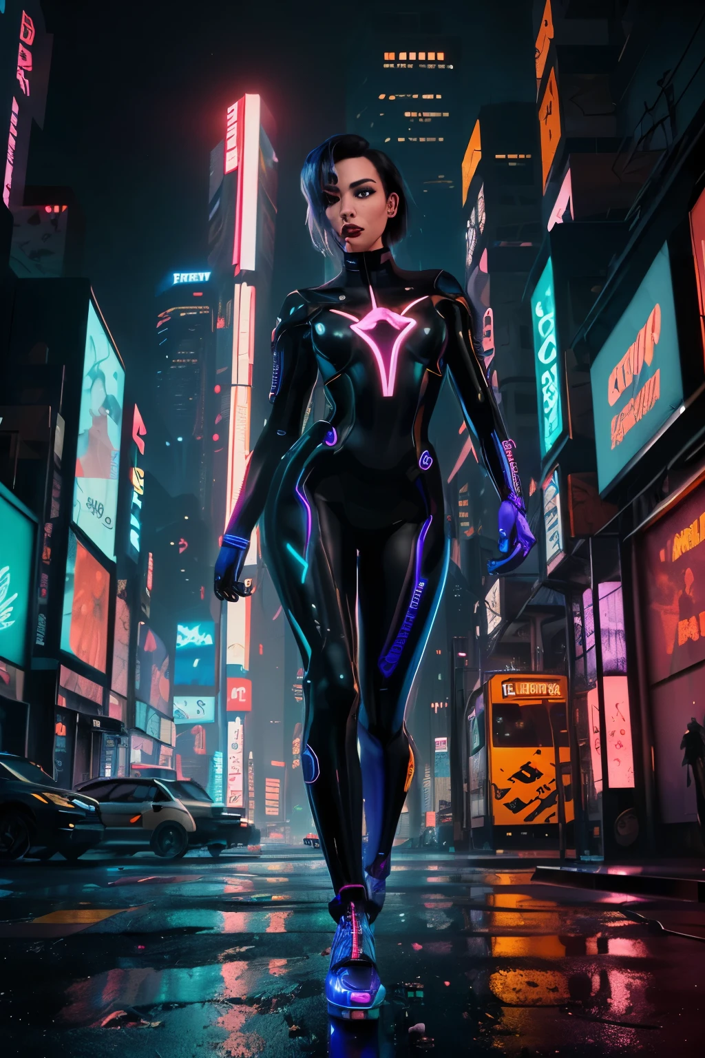 
(best quality, highres:1.2), ultra-detailed, (realistic:1.37) A sexy tron girl, vibrant holographic colors, with glowing lines tracing her curves. (futuristic, cyberpunk) vibe, light projections highlighting her sleek metallic suit, (electric blue) and (neon purple) illuminating her luminous figure. She confidently strikes (strong, fierce, powerful) fighting poses, showcasing her agility and strength. (bright, sharp) eyes pierce through the darkness, (sparkling, mesmerizing) with intensity and determination. Her (luscious, glossy) lips, radiating a (subtle, seductive) smile, hint at her playful yet fierce nature. The background is a (dystopian, futuristic) cityscape filled with towering skyscrapers, (reflecting off the wet streets, adorned with holographic billboards) casting an (eerie, vibrant) glow. Strategically positioned (light beams, spotlights), (accentuating, illuminating) her silhouette, draw attention to her captivating presence. The painting style is a mix of (digital illustration, digital painting), combining (photo-realistic) details with (stylized, sleek) elements. The entire scene bathes in a (cool, neon) color palette, with (bright, contrasting) hues adding depth and interest. The lighting is (dynamic, dramatic), casting (shadows, highlights) that bring depth and dimension to the tron girl and the surroundings.