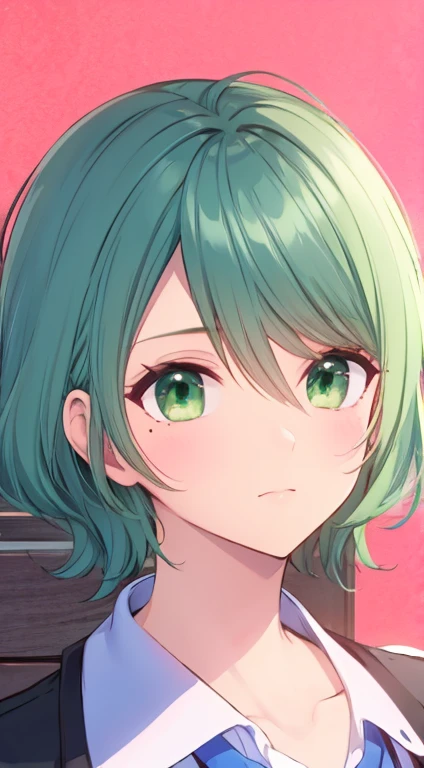 highest quality,　Highest image quality,　masterpiece,　tamaki, green hair, green eyes, mole under eye, uniform