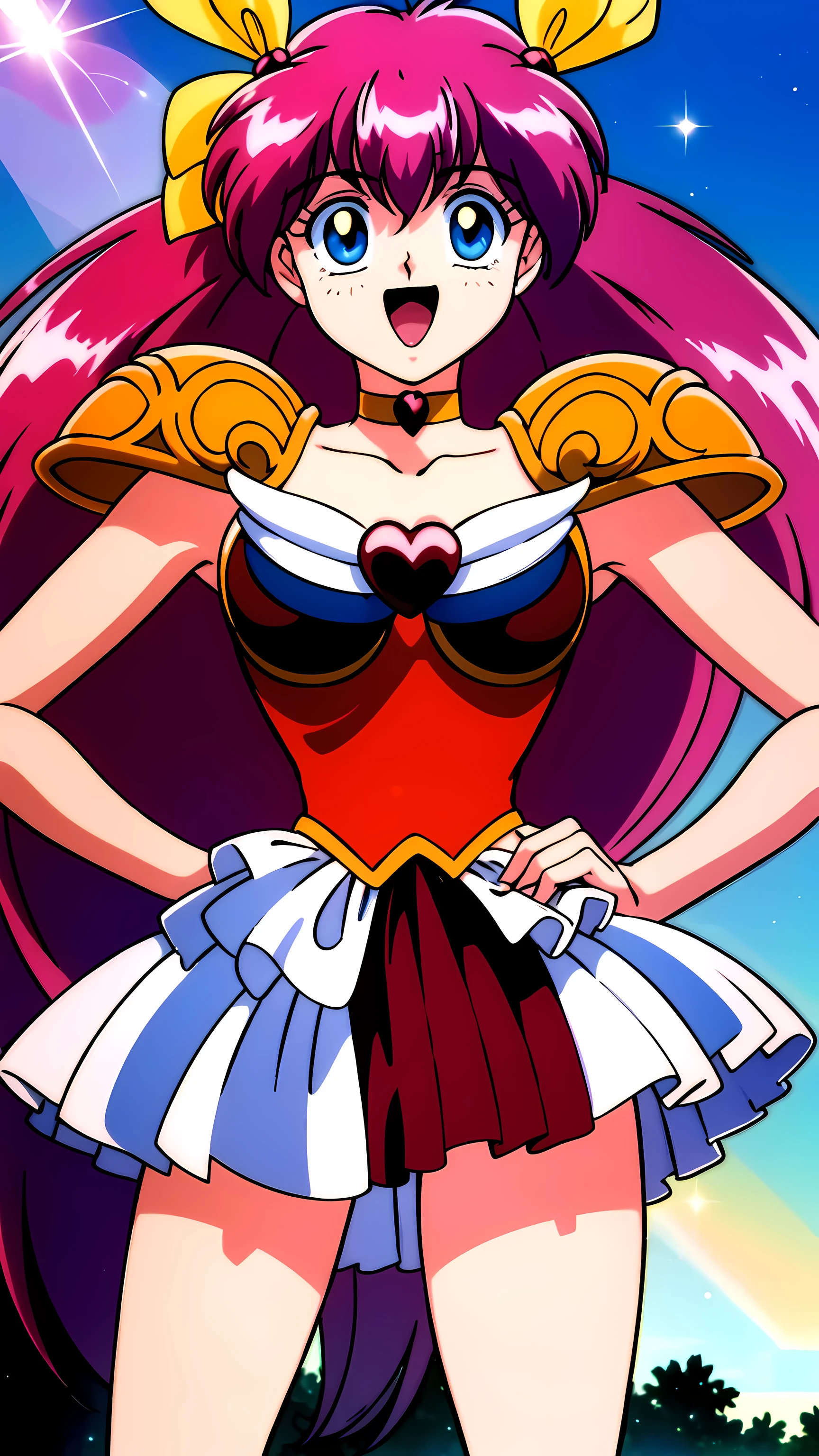 (highest quality:1.3),(masterpiece:1.4),(anatomically correct),(all limbs),(Refers to the whole),(Precise fingertips),(small details),(8K),From photoreal, (90s anime,90s anime style,Anime cel drawings,cel shaded anime), (hyper detail:1.15), (delicate details), (intricate details),(Supermodel:1.3),1 girl, heart on her chest,red dress ,yellow gloves,choker,shoulder armor, Magical girl,jewelry,yellow_hair_ribbon, pink_hair, length_hair,前hair, red high heels,
(shining eyes),highly detailed eyes, highly detailed eyes, focus of the eye,(Expertly crafted shine,sky blue lens flare:1.7),(blue glowing eyes:1.17),(Raging Eyes:1.24),(expression of joy:1.5), Color Theme Red,octane rendering, nffsw,rainbow paint drop,Paint Teardrop, woman made up of paint, full painting, (movie background),splat, splash, indoors,Dark and blurry background,floating in the sky,close,dynamic angle,sunset,Night parking lot, (best lighting,very delicate and beautiful),Detailed beautiful shine, (soft light:1.2),(Soft lighting in gold tones),,Warm and soft lighting,dramatic light,((cinematic light)), (映画のmasterpiece),(cinematic headlights),ambient occlusion,ambient light,Violently,powerful,Absolutely eye-catching splashes of color,((caustic)),raytraced reflections,light shines,happiness