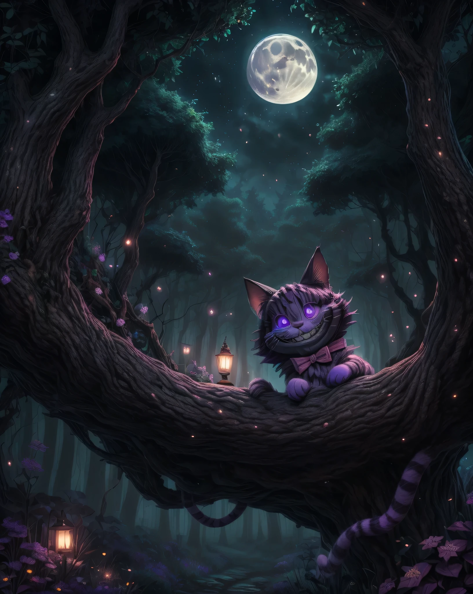 (surreal,High resolution,4K,masterpiece:1.2), ((Cheshire猫)), dark forest, moon, Cheshire, ((The body has pink and purple stripes.))，((grin))，((不思議の国のアリスの絵のCheshire猫)), (Please include all details of the original appearance), looks realistic, (3D Lending Works), (in a wonderful forest environment, 森からmoonの光が差し込む夜), detailed and impressive