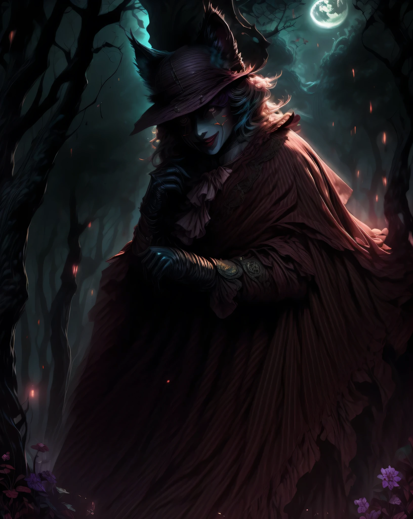 (surreal,High resolution,4K,masterpiece:1.2), Cheshire猫, dark forest, moon, Cheshire, The body has pink and purple stripes.、Always smile。