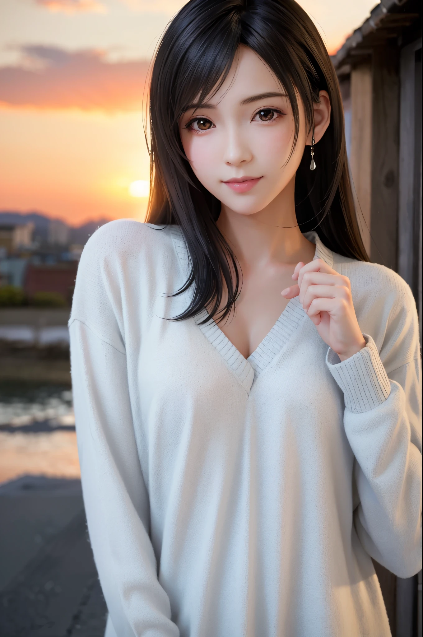 (Top Quality, Masterpiece: 1.1), (Realistic: 1.3), BREAK (((FF7,Tifa_lockhart))),Ultra-detailed face, Detailed eyes,(black Brown Hair, Large breasts: 1.2),(Imaginative Macanese Female Page,background is Unique The Tablets of Stone,at Sunrise), BREAK (wearing oversized loose sweater, Exquisite cloth, white Clothes),clothed,(No Bra) ,(Small and beautiful hard nipple),(shiny oiled skin: 1.1), about 18 years old, BREAK smile,kawaii,(cool pose:1.2),Wallpapers,ultra high res,ultra high quality,