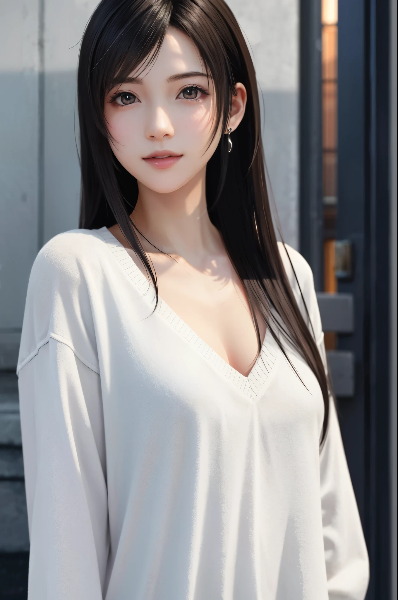 (Top Quality, Masterpiece: 1.1), (Realistic: 1.3), BREAK (((FF7,Tifa_lockhart))),Ultra-detailed face, Detailed eyes,(black Brown Hair, Large breasts: 1.2),(Imaginative Macanese Female Page,background is Unique The Tablets of Stone,at Sunrise), BREAK (wearing oversized loose sweater, Exquisite cloth, white Clothes),clothed,(No Bra) ,(Small and beautiful hard nipple),(shiny oiled skin: 1.1), about 18 years old, BREAK smile,kawaii,(cool pose:1.2),Wallpapers,ultra high res,ultra high quality,