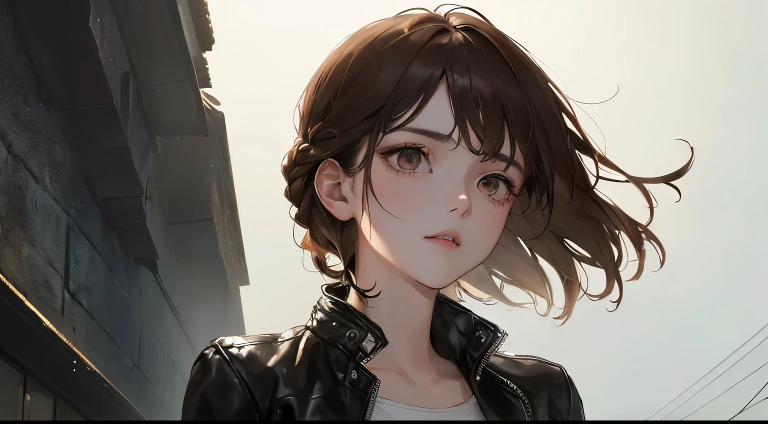 (((1 woman)))、(highest resolution、clear_image)、 ((The gaze is directed upwards))、best quality、((short hair)),(((cool)))、contrast of light and shadow、((illumination))、very detailed、Semi-realistic、brown hair、Braided hairstyle、Expressionless、bangs、20-year-old、young、((leather jacket))、((View from the front))、delicate facial features facial features、