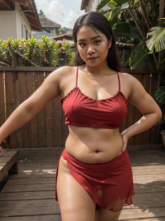 Slightly fat Indonesian girl wearing chiffon, having fun, crop top, and red skirt, standing on wooden deck, heat, sweat, aesthetic y2k, fine lines, indentation, voluminous body, smooth, body, shoulder, belly, leg, rio de Janeiro, Copacbana, Realistic Angel Wings, Very Bah