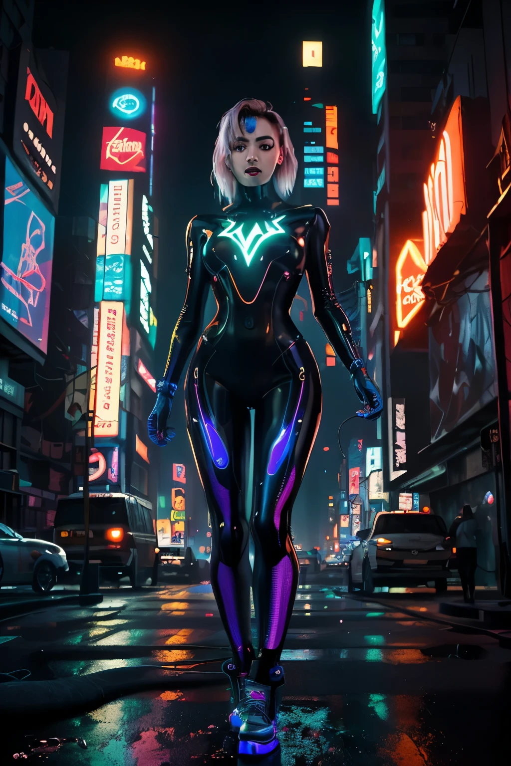 (best quality, highres:1.2), ultra-detailed, (realistic:1.37) A sexy tron girl, vibrant holographic colors, with glowing lines tracing her curves. (futuristic, cyberpunk) vibe, light projections highlighting her sleek metallic suit, (electric blue) and (neon purple) illuminating her luminous figure. She confidently strikes (strong, fierce, powerful) fighting poses, showcasing her agility and strength. (bright, sharp) eyes pierce through the darkness, (sparkling, mesmerizing) with intensity and determination. Her (luscious, glossy) lips, radiating a (subtle, seductive) smile, hint at her playful yet fierce nature. The background is a (dystopian, futuristic) cityscape filled with towering skyscrapers, (reflecting off the wet streets, adorned with holographic billboards) casting an (eerie, vibrant) glow. Strategically positioned (light beams, spotlights), (accentuating, illuminating) her silhouette, draw attention to her captivating presence. The painting style is a mix of (digital illustration, digital painting), combining (photo-realistic) details with (stylized, sleek) elements. The entire scene bathes in a (cool, neon) color palette, with (bright, contrasting) hues adding depth and interest. The lighting is (dynamic, dramatic), casting (shadows, highlights) that bring depth and dimension to the tron girl and the surroundings.