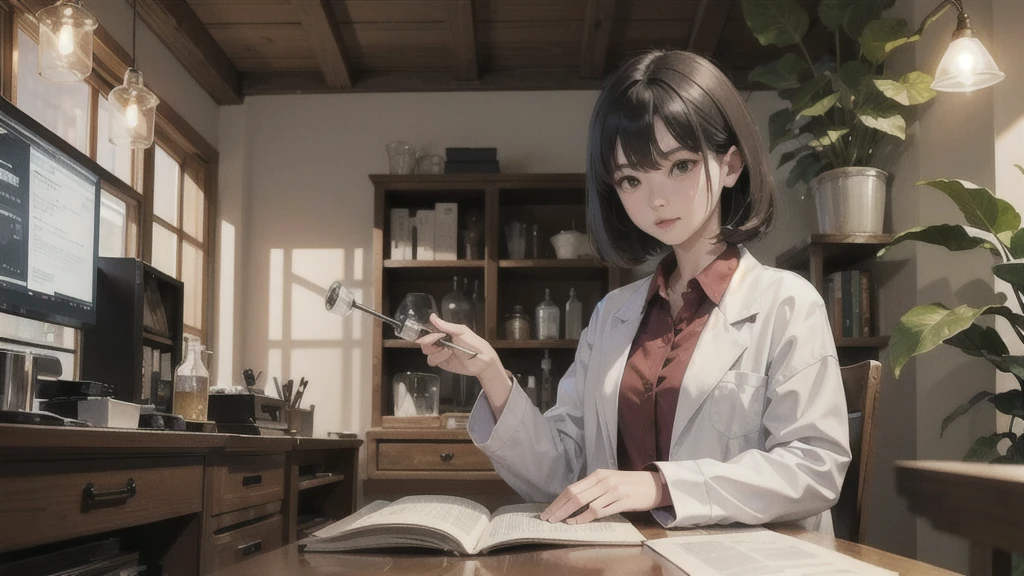 ((Watercolor by singer Sargent))、(highest quality、masterpiece)、1 girl、、wonderful、short black hair、black eye、small breasts、uniform、long skirt、Wearing a lab coat、(Scientific Laboratory、鉱物標Book、microscope、glass tube、beakers、Alcohol lamp、Labware、on the table、)、Book、machine、Floral、window、Foliage plant、 wood、soft light、