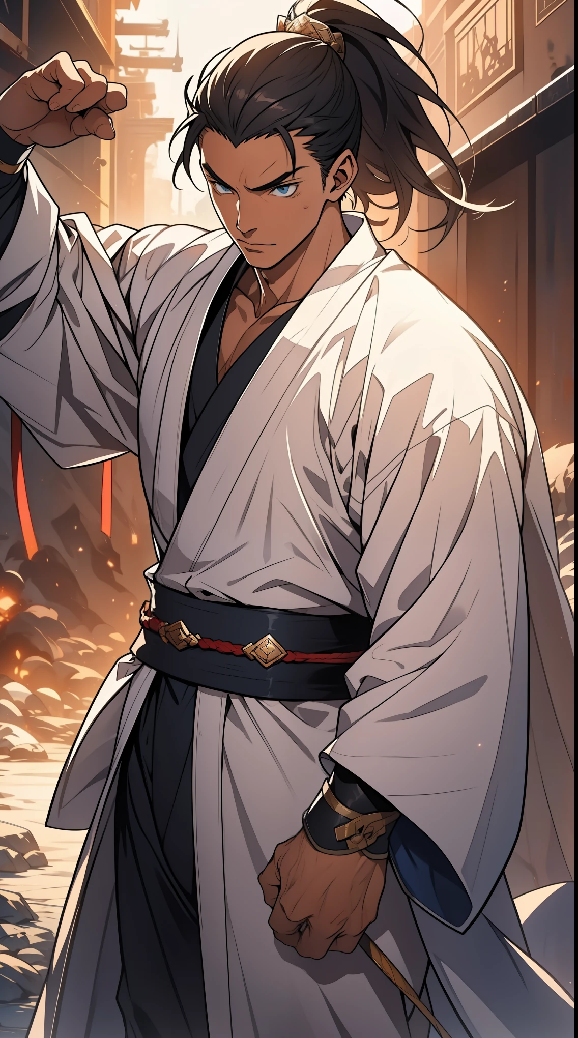 Two dimensions,anime style,one person(male warrior),proportions are correct,facial details,swordsman,high ponytail hairstyle,neck detail,Have an Adam's apple,White robe,joke,white robe,clothing details,transfer,long sleeves,Game quality,fencing,Ray tracing,Ray tracing,Detailed glow,CG rendering,hair details,long white hair,blue eyes,Handsome,Handsome,(Youthful feeling),Clothing is complicated,Perfect composition,refine,high quality,higher details,many details,Complex background,a sense of atmosphere,