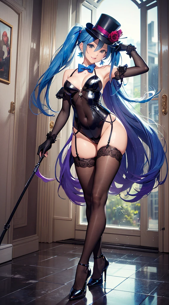 ultra detailed, Hatsune Miku, ((miracle paint)), photorealistic, cinematic lighting, (seductive anime girl), beautiful style, fair skin, beautiful charming anime woman, masterpiece portrait, smile, shining blue eyes, magician's outfit, ((Blue-green long hair, ponytail, earrings, black top hat, red bow tie, black bodysuit, wear a black tuxedo, dark brown knitted tights, black high heels, white lace gloves)), dance with a stick,
