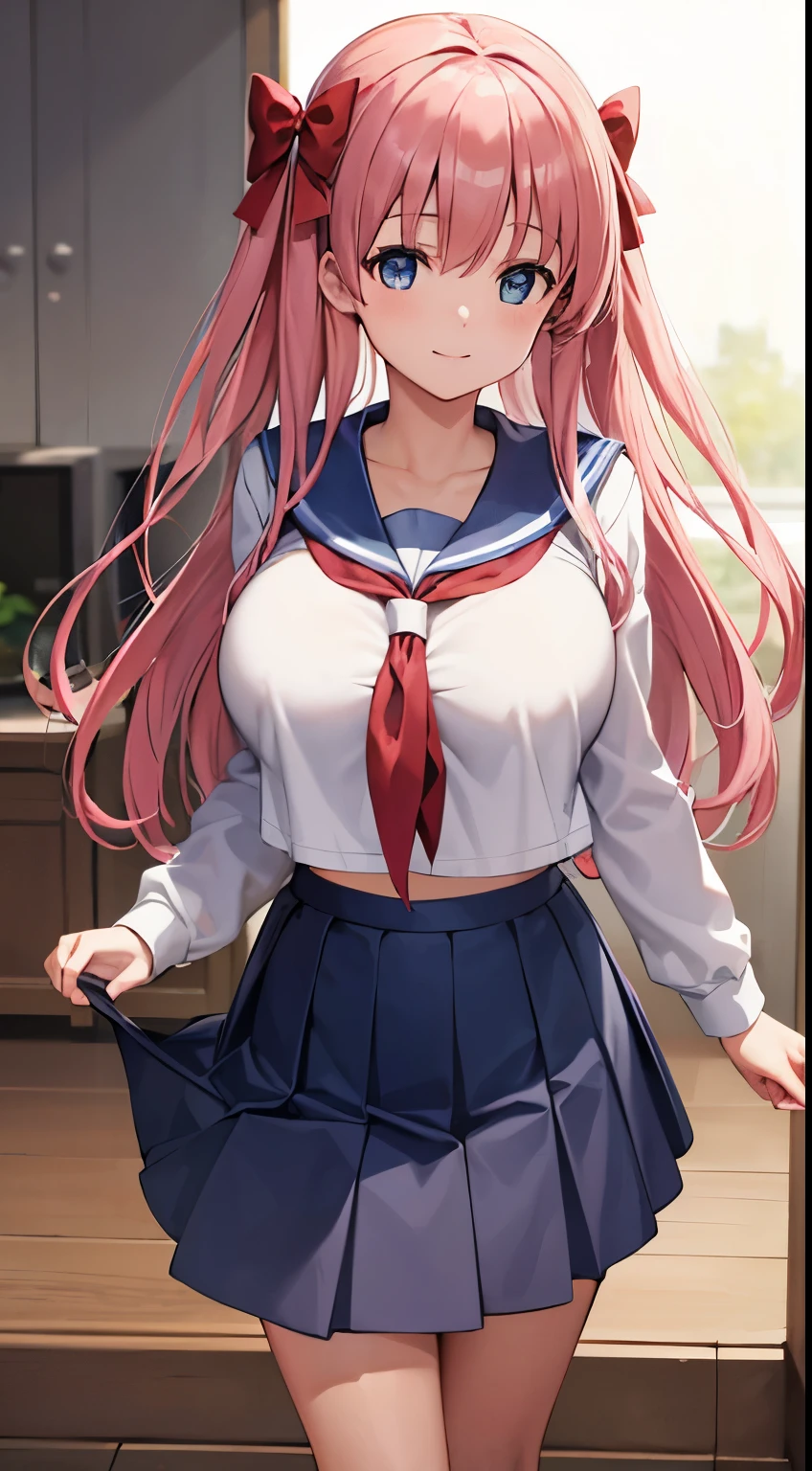 nodokaharamura, Nodoka Haramura, Blue eyes, Hair Bow, Long hair, Pink hair, Bow,
Blake Blue Skirt, Kiyosumi , Pleated skirt, , serafuku, Skirt,
BREAK looking at viewer,
Break indoors, crass room,
BREAK (masutepiece:1.2), Best Quality, High resolution, Unity 8k壁纸, (Illustration:0.8), (Beautiful detailed eyes:1.6), extra detailed face, Perfect Lighting, extremely details CG, (Perfect hands, Perfect Anatomy),seductive smile,gigantic breasts,female,