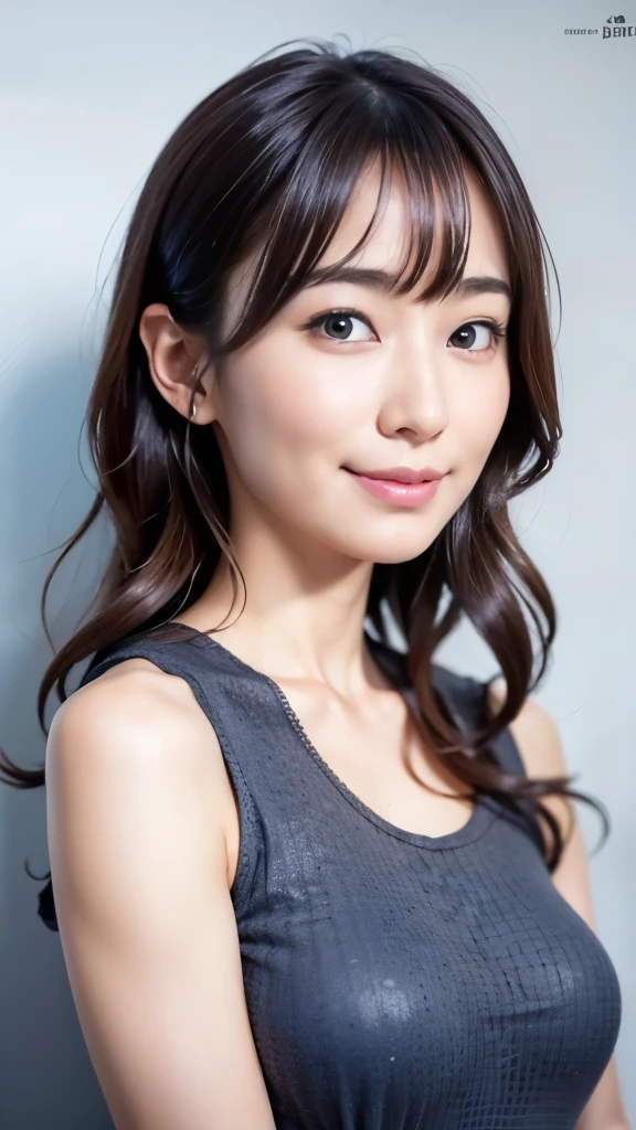 (the Extremely Detailed CG Unity 8K Wallpapers,masutepiece, Best Quality, Ultra-detailed, Looking at the camera, Light on Face, Gray background, upper body shot), 24歳の日本人女性, Droopy eyes:1.7, Dimples:1.9, 横に広い唇:1.7, ショートカット:1.7