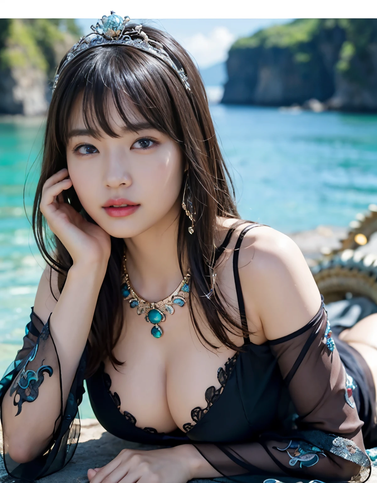 (heavy chest)、highest quality、masterpiece、Super high resolution、（Blue Dragon Armor）、(((Metal製))),(((big breasts)))、(((detailed white micro bikini))),(wears a beautiful crown made of precious stones),(Photoreal:1.4)、RAW photo、1 girl、(((random hair))、(((take various poses)))、glowing skin、(((black chinese dragon)))、intricate and gorgeous hair ornaments、（Looks like a gorgeous jewelry necklace）、（Someone who looks at you with calm, goddess-like eyes.）happiness:1.2)、（metal bikini background)).((Beautiful coral and sea background))、sheer cliff、(ruins background)、((Super realistic details))、Portrait、global illumination、（sexy pose）、Shadow、octane rendering、8K、big breasts、Raw skin exposed in the cleavage、Metal、intricate decorative details、Japan details、very intricate details、realistic light、CG Society Trenlow Eyes、Eyes shining towards the camera、two stock、（veil）、(((heavy big))),Shining eyes shine、armpit、