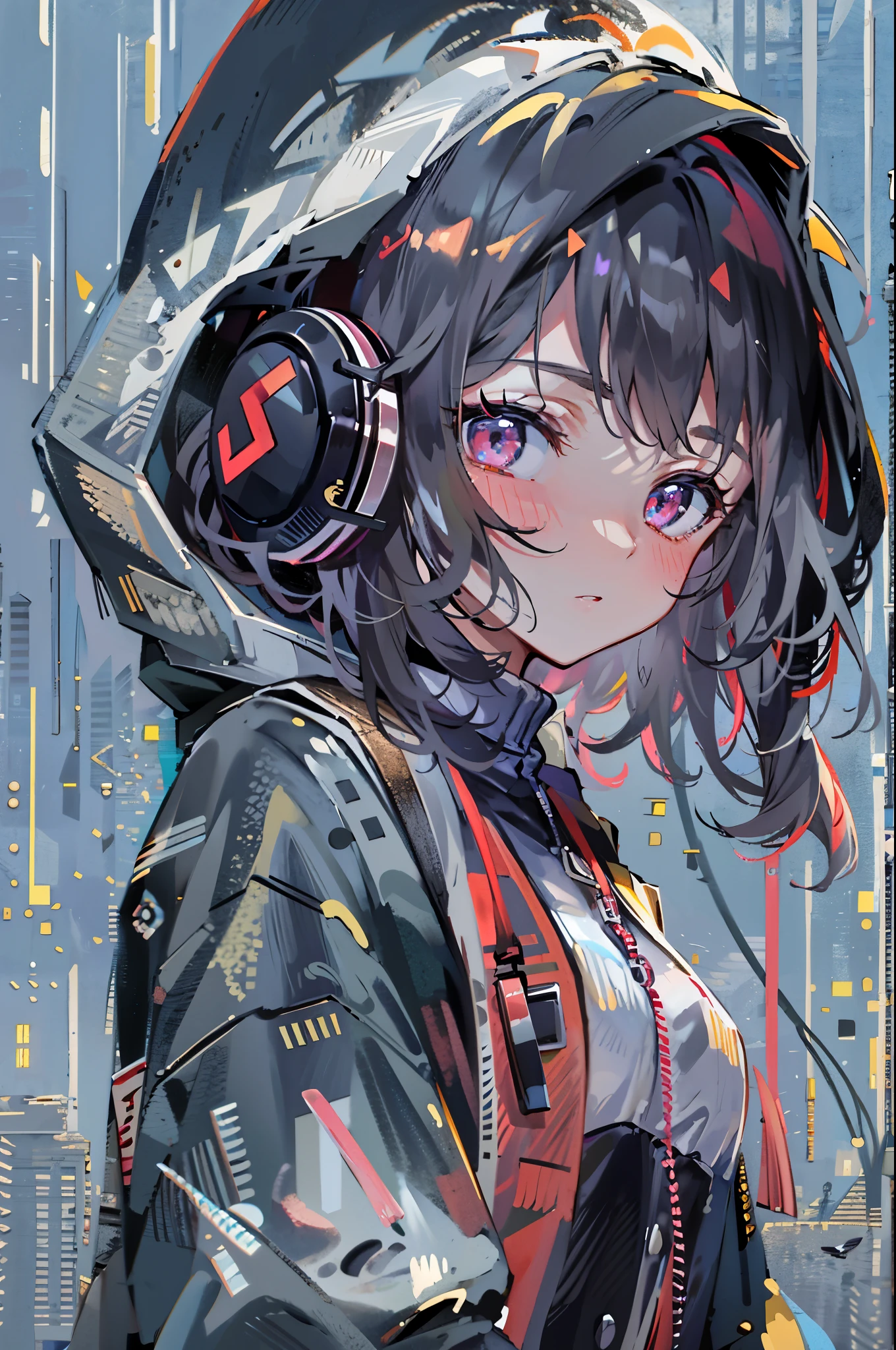 8K resolution、((highest quality))、((masterpiece))、((super detailed))、1 female、solo、incredibly absurd、oversized hoodie、headphones、street、outdoor、rain、cute neon、short cut hair、bright colored eyes、put one's hand in one's pocket、shorts、water dripping、downer、Glitch