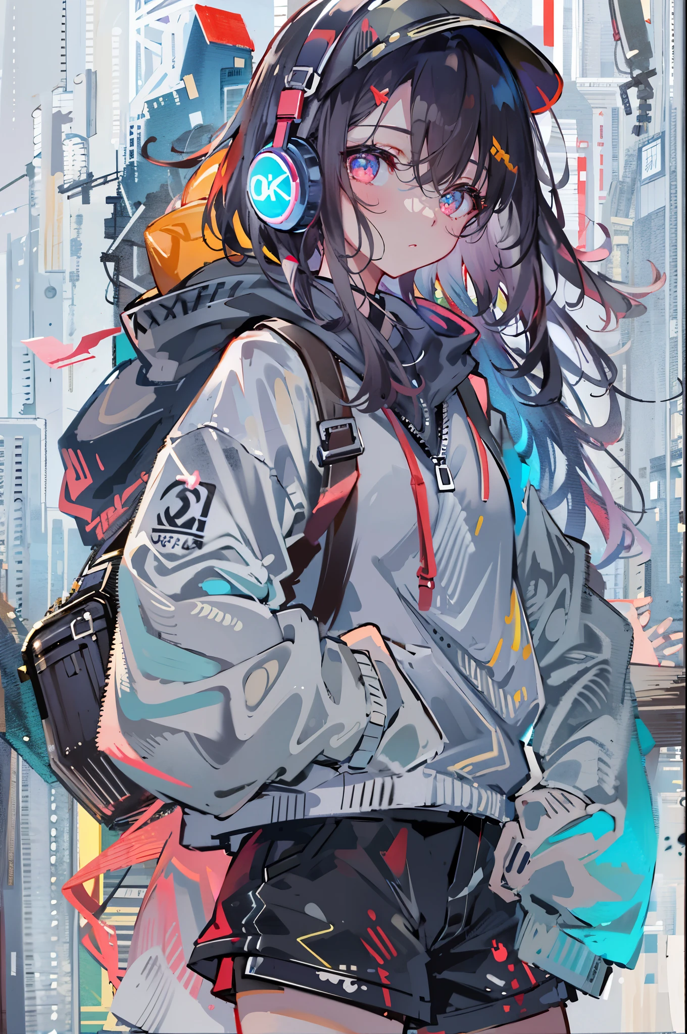 8K resolution、((highest quality))、((masterpiece))、((super detailed))、1 female、solo、incredibly absurd、oversized hoodie、headphones、street、outdoor、rain、cute neon、short cut hair、bright colored eyes、put one&#39;s hand in one&#39;s pocket、shorts、water dripping、downer、Glitch