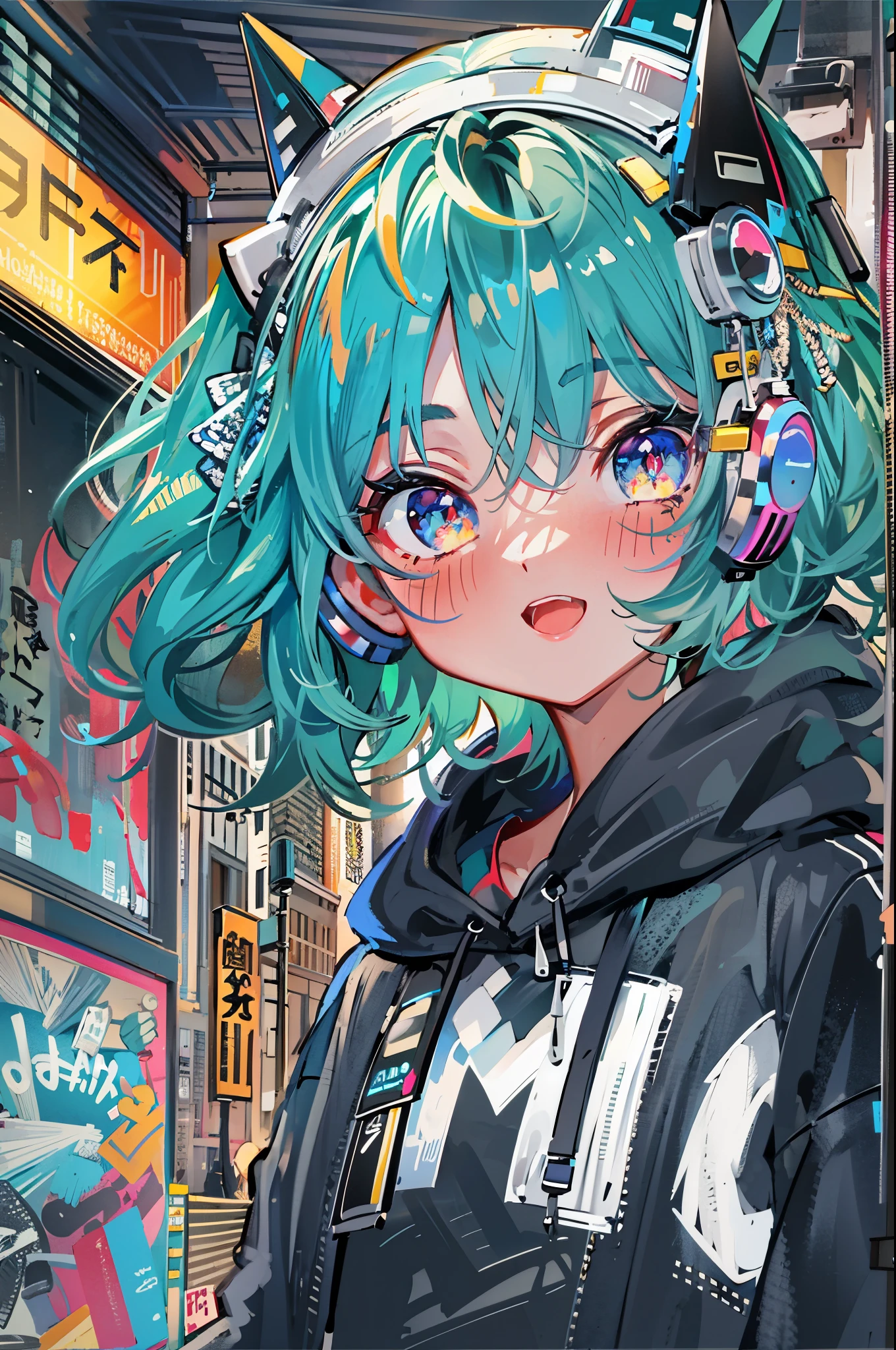 ((8K resolution))、((highest quality))、((masterpiece))、((super detailed))、1 female、solo、incredibly absurd、oversized hoodie、headphones、street、outdoor、rain、neon、short cut hair、bright colored eyes、put one's hand in one's pocket、shorts、water dripping, step piece, cool blue open short jacket, tattoo, Messy Fade Cut Hair,quirky sneakers,Eyeshadow on the eyes,unusual colored eyes, Vivid eyes,