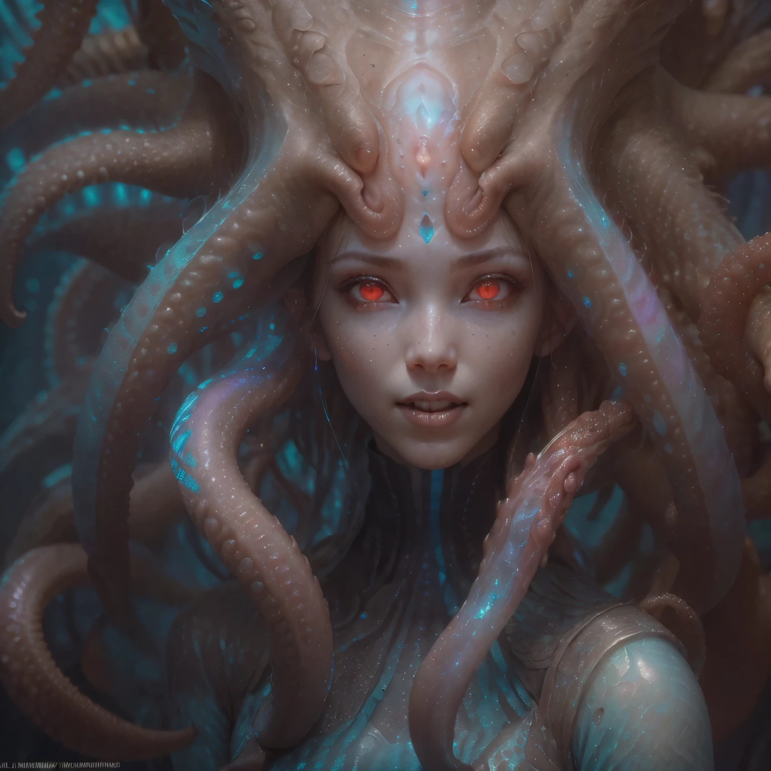 best quality, masterpiece, ultra high resolution, (photos realistic:1.7), scary and sexy detailed art in color, Portrait, (beautiful and obscene female alien:1.4), (vulgarity1.7), (she has red eyes with no pupils:1.8), (She has translucent pale skin:1.7), (There is a female genital-like organ in the middle of the forehead:1.95), (She has the most beautiful face in the history of the universe:1.2), (She has multiple bioluminescent organs on the side of her tentacles:1.4), (Her body is covered with an iridescent exoskeleton:1.3), an evil gaze that seduces, (large mouth:1.1), (sharp teeth like a vampire:1.2), Full body portrait, (bio luminescent:1.5), (Smile wickedly:1.3), (sexypose:1.5), alien, No humans, cells are fused, (There are lots of translucent tentacles from her head:1.3) extraterrestrial, cell, bio image, best quality, 8K,In 4K_quality, High freshness, Dramatic Lighting, cinematic quality, detail up, (exquisite details:1.2), High freshness, drawing faithfully, (Thick eyebrows:1.2), Beautiful eyes with fine symmetry,(Highly detailed face and eyes:1.2),(Super detailed skin quality feeling:1.4), perfect anatomy, (Beautiful toned body:1.5), (Moist skin:1.2), not wearing makeup, (dark circles:1.1), long canines, cinematic drawing of characters, cinematic quality, detail up, (exquisite details:1.2), high resolution, High freshness, drawing faithfully, official art, Unity 8K Wall paper, ultra detailed artistic photography, midnight aura, unreal engine 5, Ultra Sharp Focus, art by Amano Yoshitaka, ArtGerm, Roisch, intricate artwork,ultra realistic realism, dream-like, nautilus, Creation of fantasy, dream Snail, (biopunk nautilus:1.3),Thrilling color schemes, seductively smiling, Blue tentacles, Amazing mutation, well-proportioned body, goddess of the deep sea, fractal, Geometric pattern, impossible figures,(asymmetry:1.4), (white tentacles with blue stripes:1.4), subtle emerald green accents, (expression of ecstasy:1.6), She is doing a sexy pose like a nude model