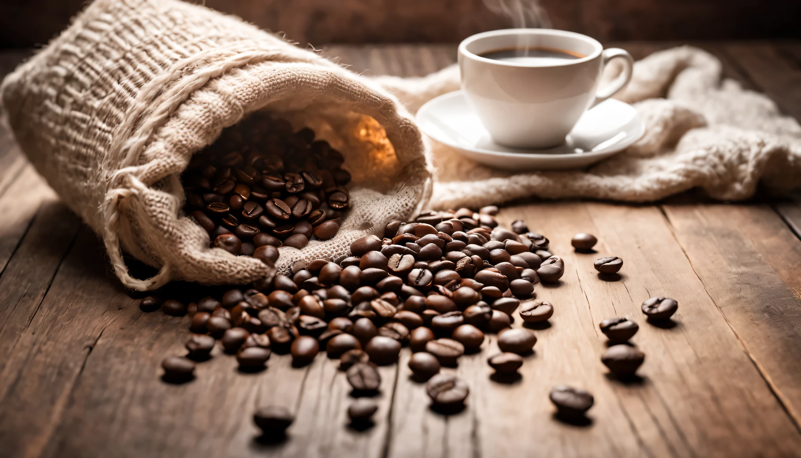 Coffee beans in sacks scattered on wooden table, Coffee latte smoke in white ceramic cup.white sweater(The texture is clear,Wrinkles placed randomly)..(leave a big blank).A bouquet of multi-colored roses flat lay(Place flat on the table)..modern style.Fresh coffee beans on a long wooden bench spread on the wood next to it.core and texture. Freshness and flavor.super detailed.(Super quality,super detailed,super complex,extremely complex)Soft and natural light and shadow..no humans.super wide angle, (Detailed texture),Background covered with film grain, natural soft light,(morning view.Warm light and shadow in the morning)Ray tracing, Vignetting, Wide-angle lens, super wide angle, best quality