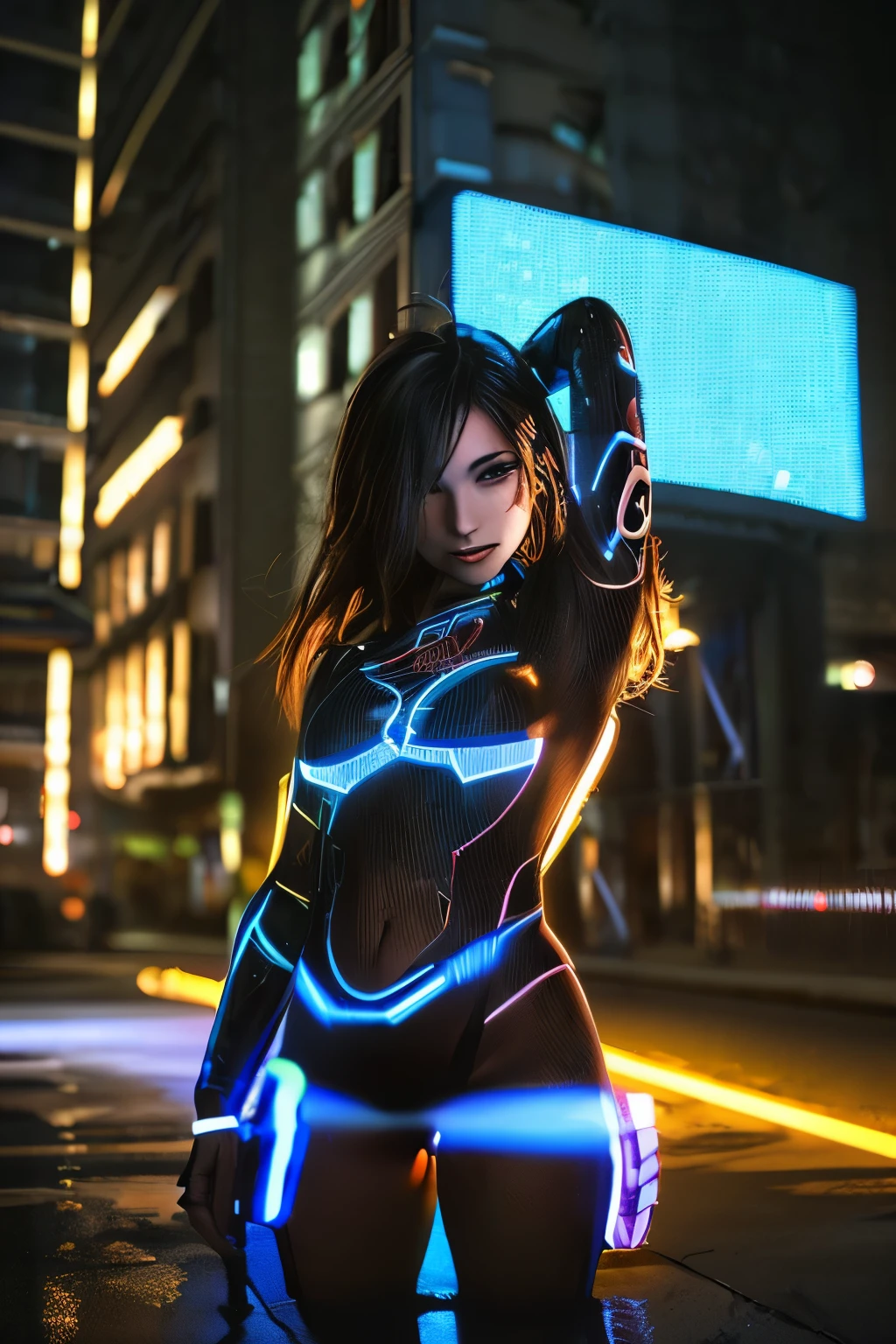 (best quality, highres:1.2), ultra-detailed, (realistic:1.37) A sexy tron girl, vibrant holographic colors, with glowing lines tracing her curves. (futuristic, cyberpunk) vibe, light projections highlighting her sleek metallic suit, (electric blue) and (neon purple) illuminating her luminous figure. She confidently strikes (strong, fierce, powerful) fighting poses, showcasing her agility and strength. (bright, sharp) eyes pierce through the darkness, (sparkling, mesmerizing) with intensity and determination. Her (luscious, glossy) lips, radiating a (subtle, seductive) smile, hint at her playful yet fierce nature. The background is a (dystopian, futuristic) cityscape filled with towering skyscrapers, (reflecting off the wet streets, adorned with holographic billboards) casting an (eerie, vibrant) glow. Strategically positioned (light beams, spotlights), (accentuating, illuminating) her silhouette, draw attention to her captivating presence. The painting style is a mix of (digital illustration, digital painting), combining (photo-realistic) details with (stylized, sleek) elements. The entire scene bathes in a (cool, neon) color palette, with (bright, contrasting) hues adding depth and interest. The lighting is (dynamic, dramatic), casting (shadows, highlights) that bring depth and dimension to the tron girl and the surroundings.