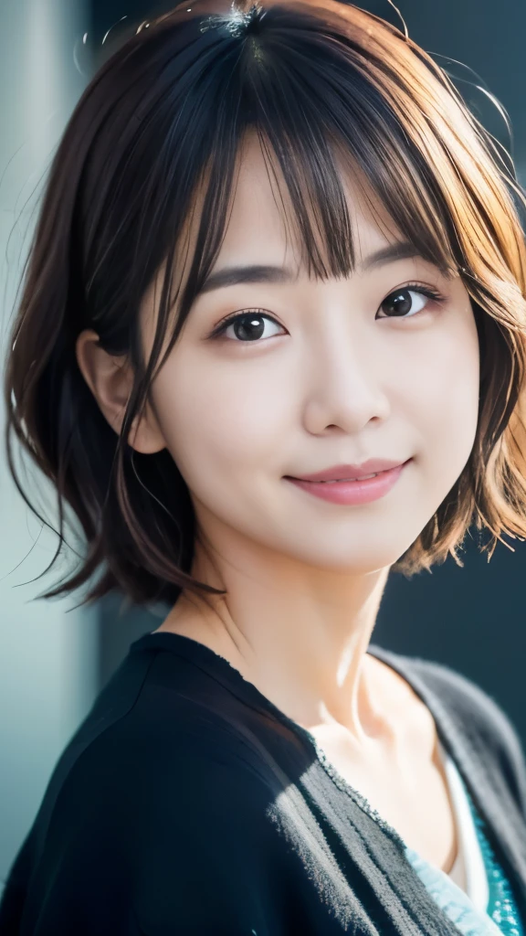 (the Extremely Detailed CG Unity 8K Wallpapers,masutepiece, Best Quality, Ultra-detailed, Looking at the camera, Light on Face, Gray background, upper body shot), 24歳の日本人女性, Droopy eyes:1.7, Dimples:1.9, 横に広い唇:1.7, short hair:2.0