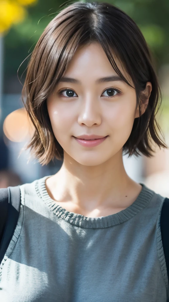 (the Extremely Detailed CG Unity 8K Wallpapers, masutepiece, Best Quality, Ultra-detailed, Looking at the camera, Light on Face, Gray background, upper body shot), 24歳の日本人女性, Droopy eyes:1.7, Dimples:1.9, 横に広い唇:1.7, short hair:2.0