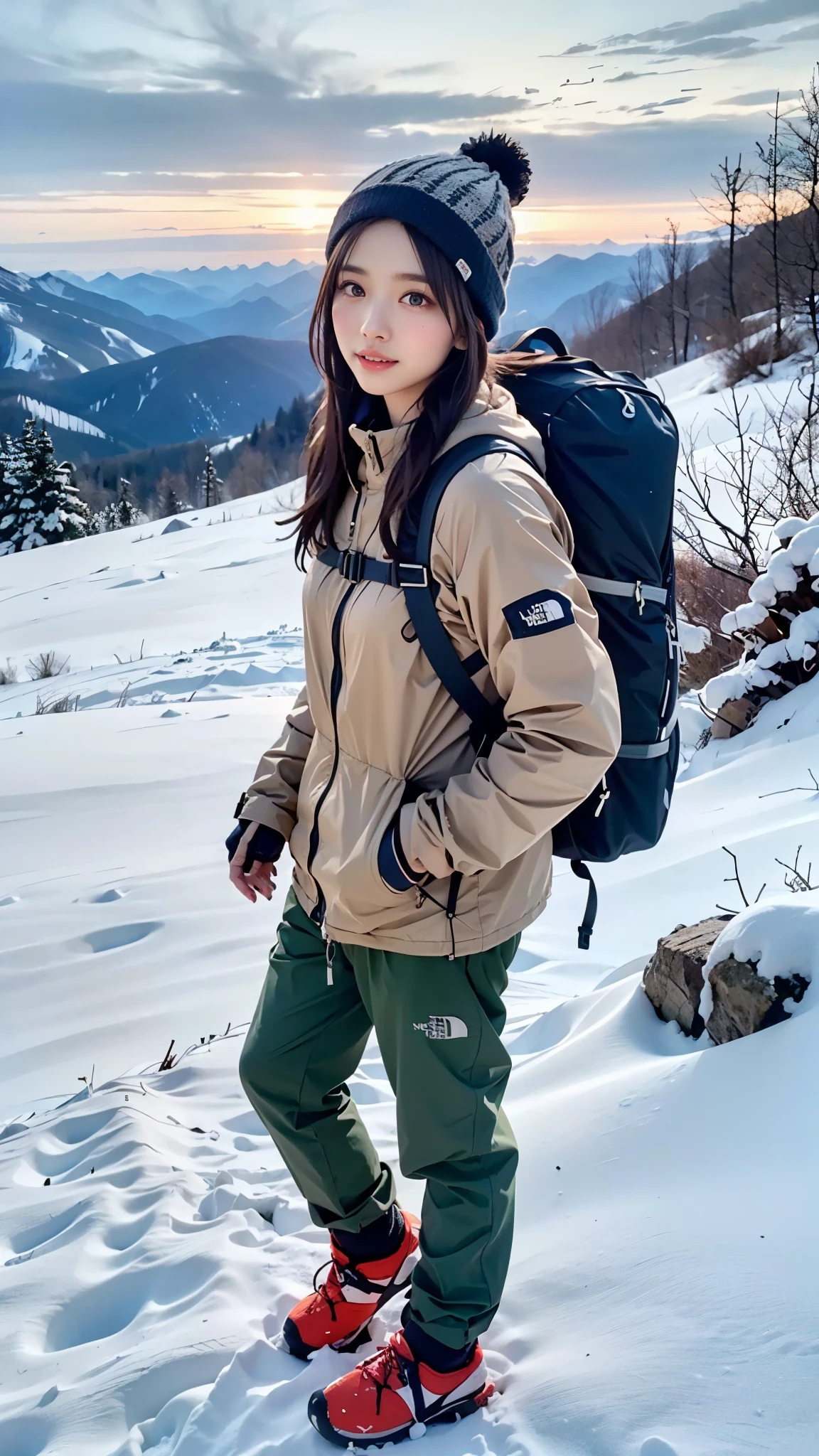 (Background, Magnificent snow mountain views):1.3, (snow mountain:1.37), (8k, RAW photo, best quality, masterpiece:1.2), (realistic, photo-realistic:1.37), ultra-detailed, high quality, professional lighting, physically-based rendering photo of 20 years woman, (1girl:1.3), (Japanese girl), mountaineer, mountain climber, (semi-long hair, dark brown hair), (high detailed skin:1.2), (ultra delicate face, ultra Beautiful fece, ultra delicate eyes, ultra detailed nose, ultra detailed mouth), (black mountaineering jacket(the north face), mountaineering clothing, mountaineering, brown trekking-pants, blue knit hat), (Carrying a backpack), (Walking along a mountain trail), from the front side, full body shot