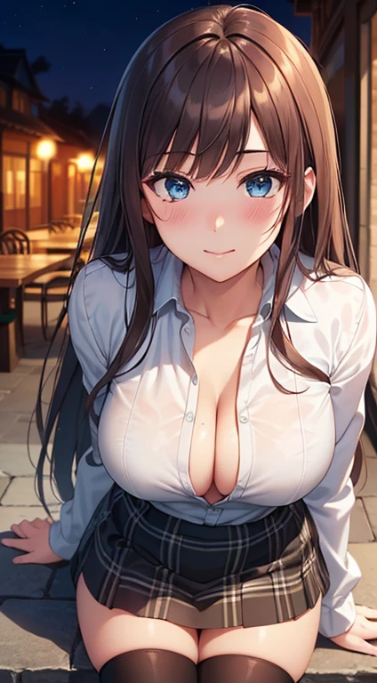 ((masterpiece, best quality, high resolution, ultra high definition, Pixel perfect, depth of field, 4K, RTX, human development report))), 1 girl, single, alone, sexy anime girl, beautiful art style, anime characters, ((long hair, Bangs, brown hair)), ((blue eyes:1.4, round eyes, beautiful eyelashes, realistic eyes)), ((Detailed face, blush:1.2)), ((smooth texture:0.75, lifelike质感:0.65, lifelike:1.1, Anime CG style)), medium breasts, dynamic angle, Perfect body, ((portrait, Throw)), ((White shirt, black skirt, Plaid skirt, black stockings)), Smile,Half-open shirt exposing chest,Squatting with thighs open,Night view restaurant at night