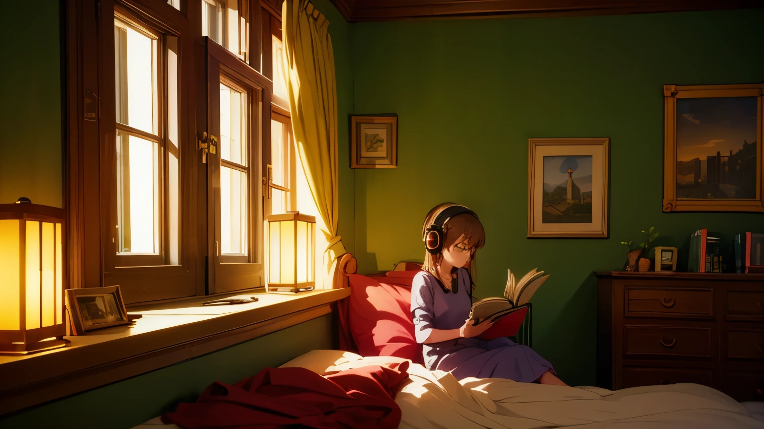A playful girl inside a cozy vintage bedroom at night Relaxation tea, few books, headphones, plants, cityscape Warm ambient green screen replacing windows glasses