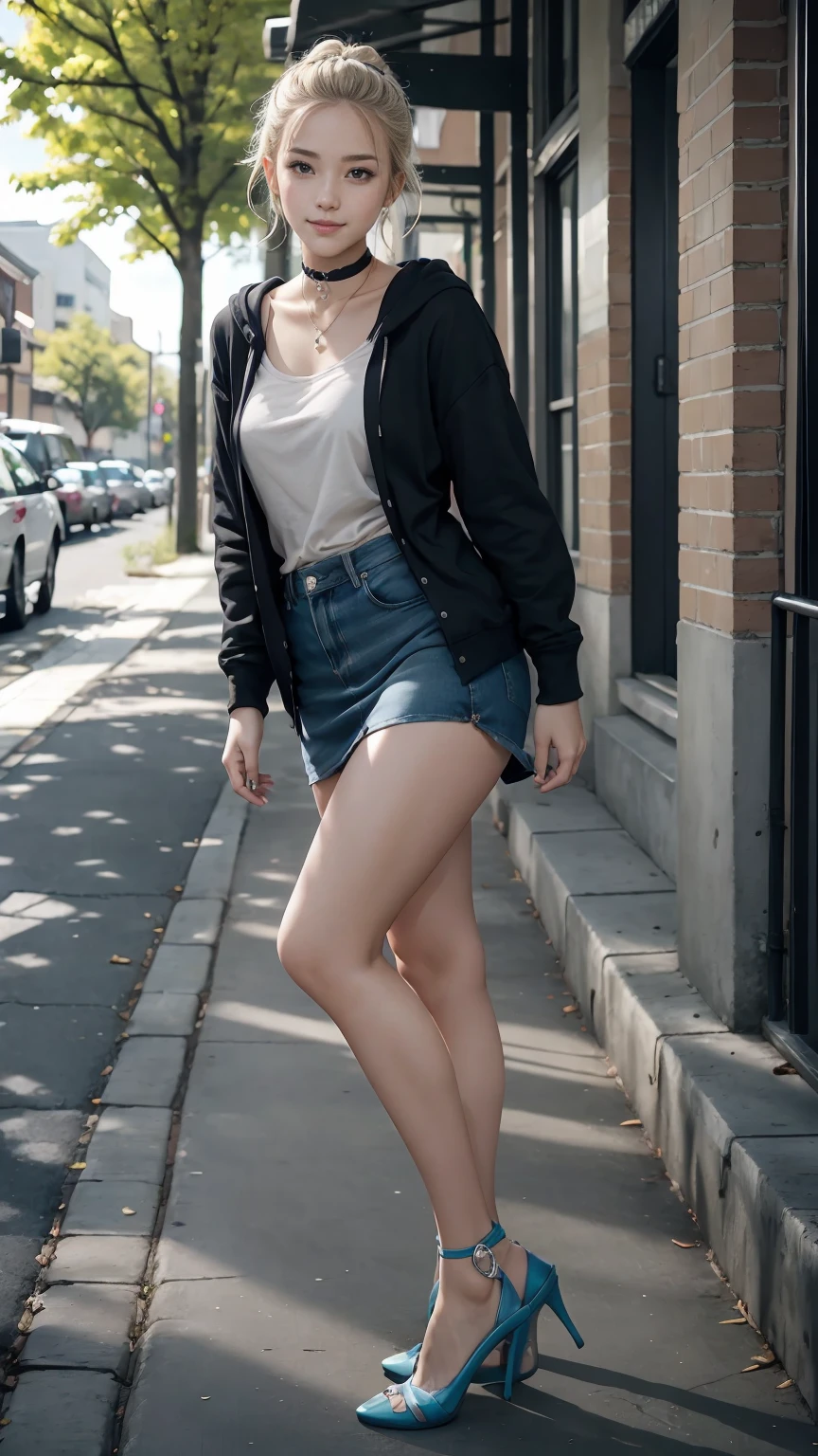 25-year-old Caucasian woman、platinum blonde、blue eyes、semi-long、my hair is wavy、Hair is tied up、Wearing a hair band、accessories on the wrist、wearing a choker、smile、slim muscular body、I don't want my head to disappear from the screen.、Wearing a dress、I'm wearing a low-rise miniskirt、Wearing gloves without fingertips、wearing a hoodie、I'm wearing pin heels、on the street sidewalk