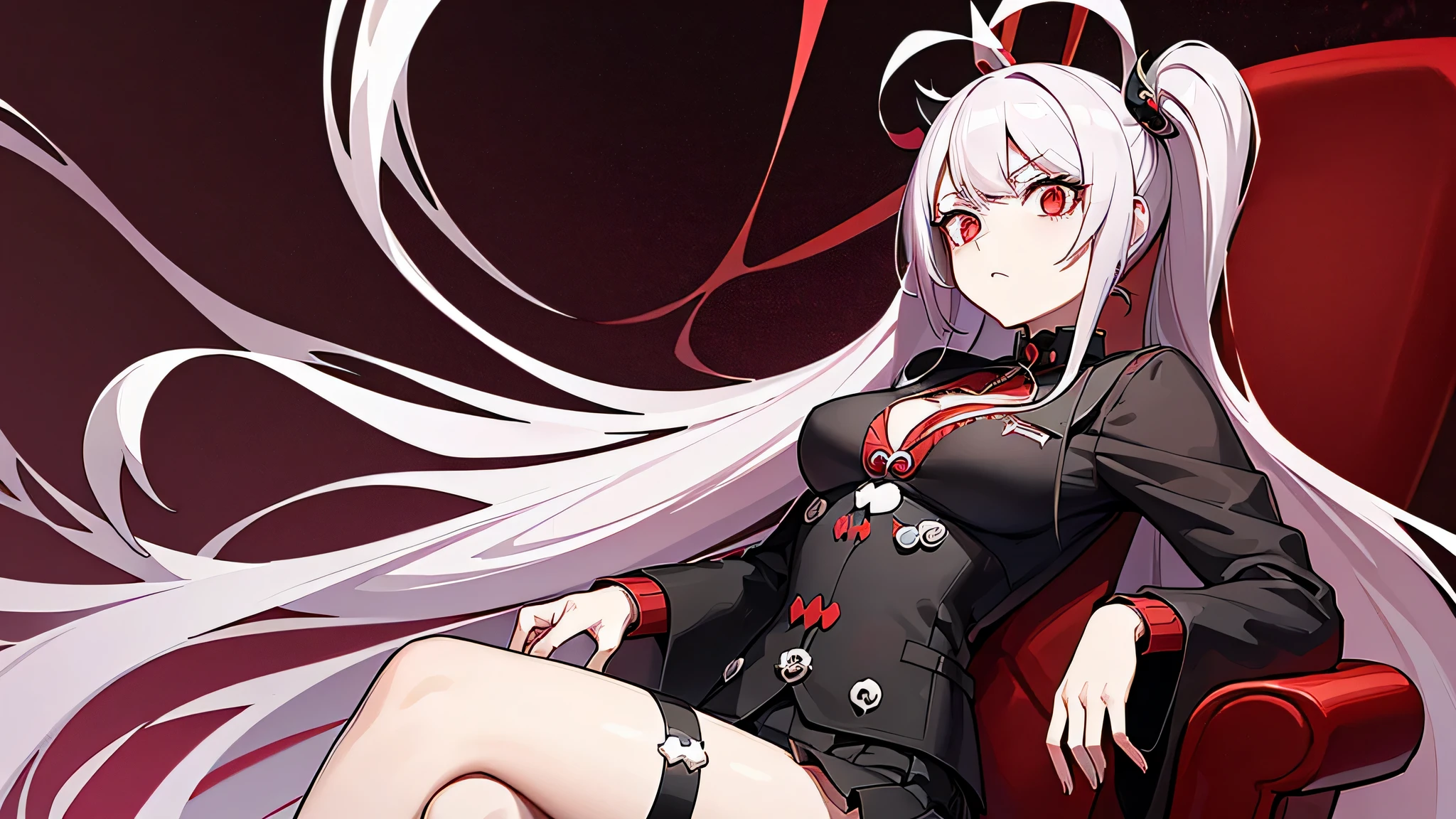 Red-eyed anime girl sitting on skull chair, gapmoe Sick grimdark, skullgirls, gapmoe Sick, Sick, Sick intricate, 《Projectile theory broken》Junko Eshima, anime wallpaper, Sick. High, Projectile theory broken数字艺术, Inspired by Ibrahimovic Eisner, 尾张茜 Projectile theory broken