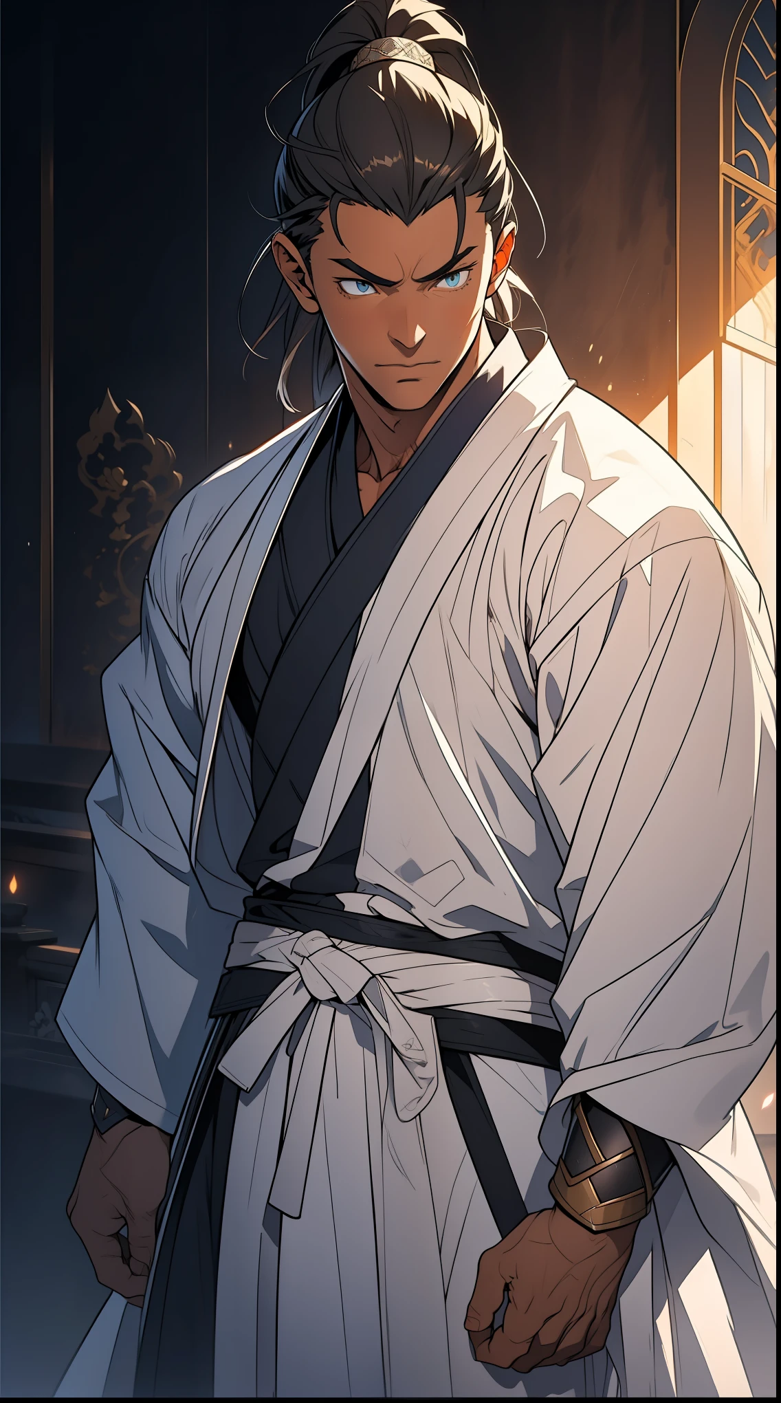 quadratic element,style of anime,mtu(Male Warrior),The proportions are correct,Face details,swordsmen,High ponytail hairstyle,Neck details,There is an Adam's apple,White robe,kaftan,long white robe,clothes details,Handing over,longer sleeves,Game quality,Swordsmanship,Light and shadow tracking,Ray traching,detailed glow,cg render,hair detail,cabelos preto e longos,blue colored eyes,Handsome,Handsome,(juvenile sense),Clothing is complicated,Perfectcomposition,Refinement,high qulity,higher details,Lots of details,The background is complex,a sense of atmosphere,