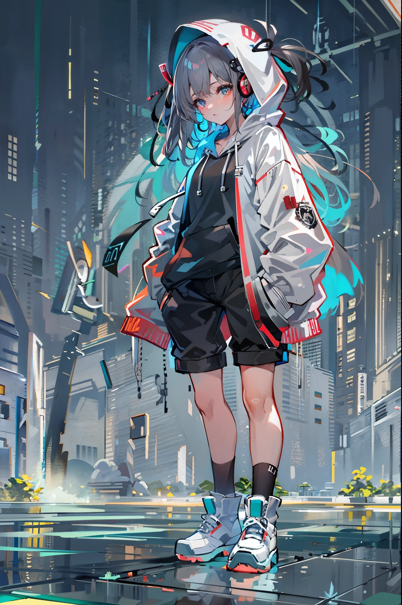 8K resolution、((highest quality))、((masterpiece))、((super detailed))、1 female、solo、incredibly absurd、oversized hoodie、headphones、street、outdoor、rain、neon、short cut hair、bright colored eyes、put one's hand in one's pocket、shorts、water dripping、downer style