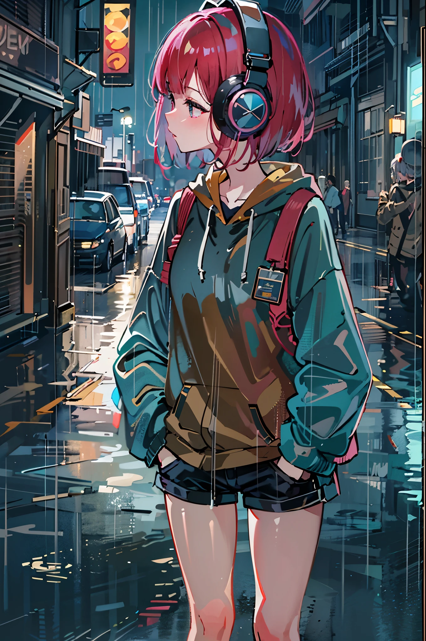 8K resolution、((highest quality))、((masterpiece))、((super detailed))、1 female、solo、incredibly absurd、oversized hoodie、headphones、street、outdoor、It rains at night、neon、short cut hair、bright colored eyes、put one's hand in one's pocket、shorts、water dripping、redhead、bob hair