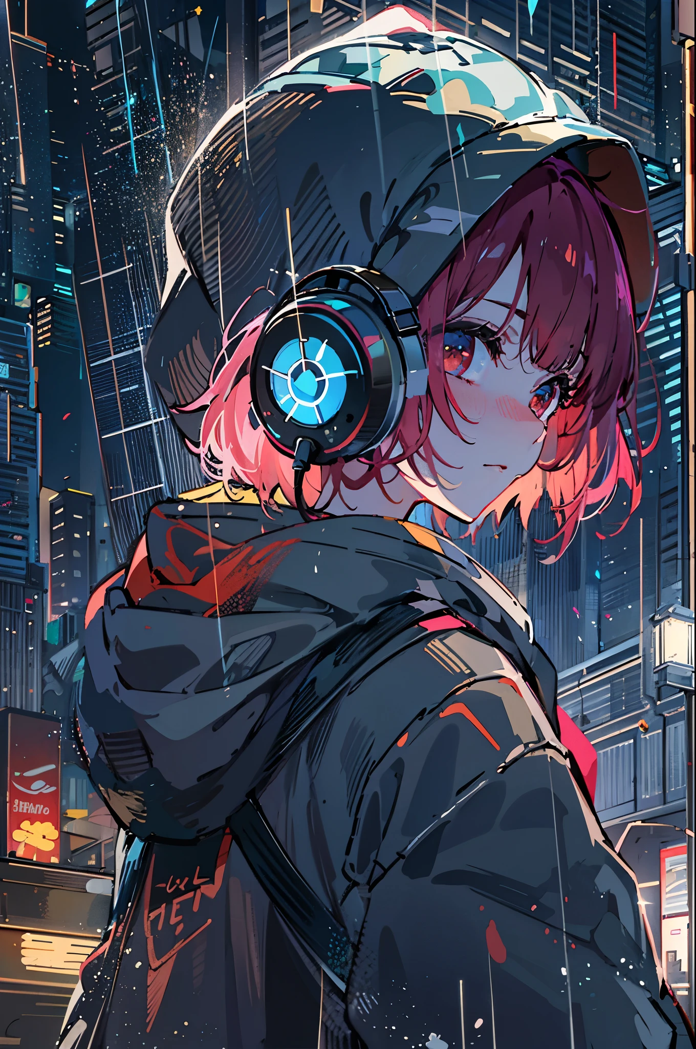 ((8K resolution))、((highest quality))、((masterpiece))、((super detailed))、1 female、solo、incredibly absurd、oversized hoodie、headphones、rain、neon、short cut hair、bright colored eyes、put one&#39;s hand in one&#39;s pocket、shorts、water dripping, step piece, cool blue open short jacket, Messy Fade Cut Hair,quirky sneakers,unusual colored eyes, Vivid eyes,