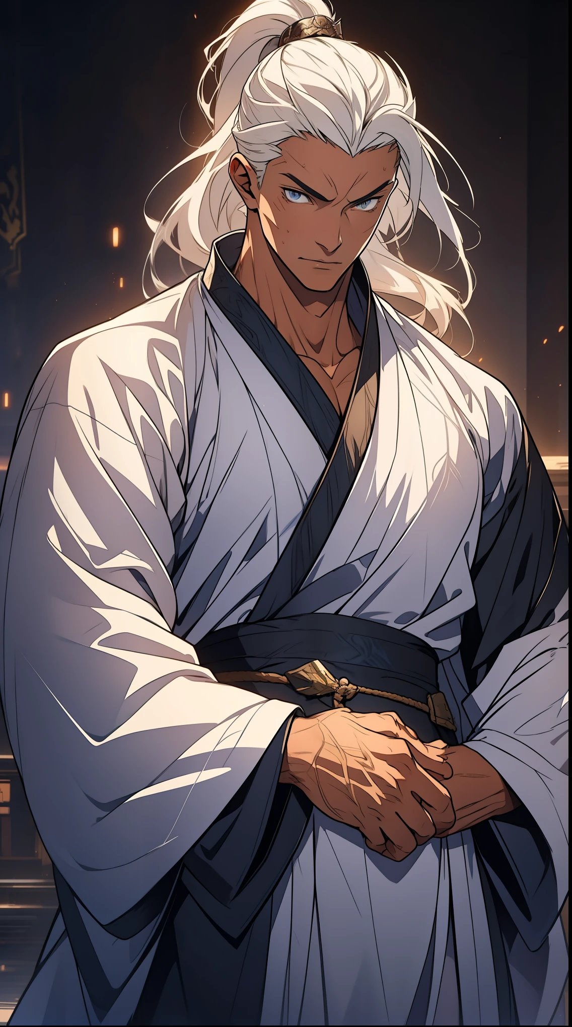 quadratic element,style of anime,mtu(Male Warrior),The proportions are correct,Face details,swordsmen,High ponytail hairstyle,Neck details,There is an Adam's apple,White robe,kaftan,long white robe,clothes details,Handing over,longer sleeves,Game quality,Swordsmanship,Light and shadow tracking,Ray traching,detailed glow,cg render,hair detail,cabelos preto e longos,blue colored eyes,Handsome,Handsome,(juvenile sense),Clothing is complicated,Perfectcomposition,Refinement,high qulity,higher details,Lots of details,The background is complex,a sense of atmosphere,
