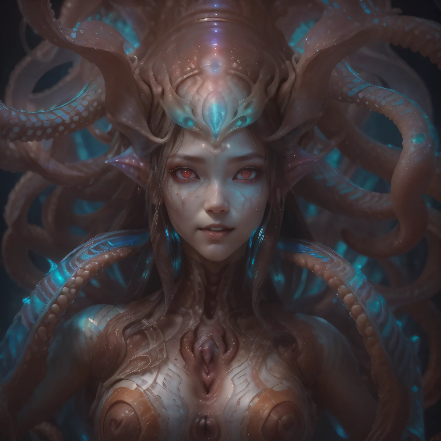 best quality, masterpiece, ultra high resolution, (photos realistic:1.7), scary and sexy detailed art in color, Portrait, (beautiful and obscene female alien:1.4), (vulgarity1.7), (she has red eyes with no pupils:1.8), (She has translucent pale skin:1.7), (There is a female genital-like organ in the middle of the forehead:1.95), (She has the most beautiful face in the history of the universe:1.2), (She has multiple bioluminescent organs on the side of her tentacles:1.4), (Her body is covered with an iridescent exoskeleton:1.3), an evil gaze that seduces, (large mouth:1.1), (sharp teeth like a vampire:1.2), Full body portrait, (bio luminescent:1.5), (Smile wickedly:1.3), (sexypose:1.5), alien, No humans, cells are fused, (There are lots of translucent tentacles from her head:1.3) extraterrestrial, cell, bio image, best quality, 8K,In 4K_quality, High freshness, Dramatic Lighting, cinematic quality, detail up, (exquisite details:1.2), High freshness, drawing faithfully, (Thick eyebrows:1.2), Beautiful eyes with fine symmetry,(Highly detailed face and eyes:1.2),(Super detailed skin quality feeling:1.4), perfect anatomy, (Beautiful toned body:1.5), (Moist skin:1.2), not wearing makeup, (dark circles:1.1), long canines, cinematic drawing of characters, cinematic quality, detail up, (exquisite details:1.2), high resolution, High freshness, drawing faithfully, official art, Unity 8K Wall paper, ultra detailed artistic photography, midnight aura, unreal engine 5, Ultra Sharp Focus, art by Amano Yoshitaka, ArtGerm, Roisch, intricate artwork,ultra realistic realism, dream-like, nautilus, Creation of fantasy, dream Snail, (biopunk nautilus:1.3),Thrilling color schemes, seductively smiling, Blue tentacles, Amazing mutation, well-proportioned body, goddess of the deep sea, fractal, Geometric pattern, impossible figures,(asymmetry:1.4), (white tentacles with blue stripes:1.4), subtle emerald green accents, (expression of ecstasy:1.6), She is doing a sexy pose like a nude model