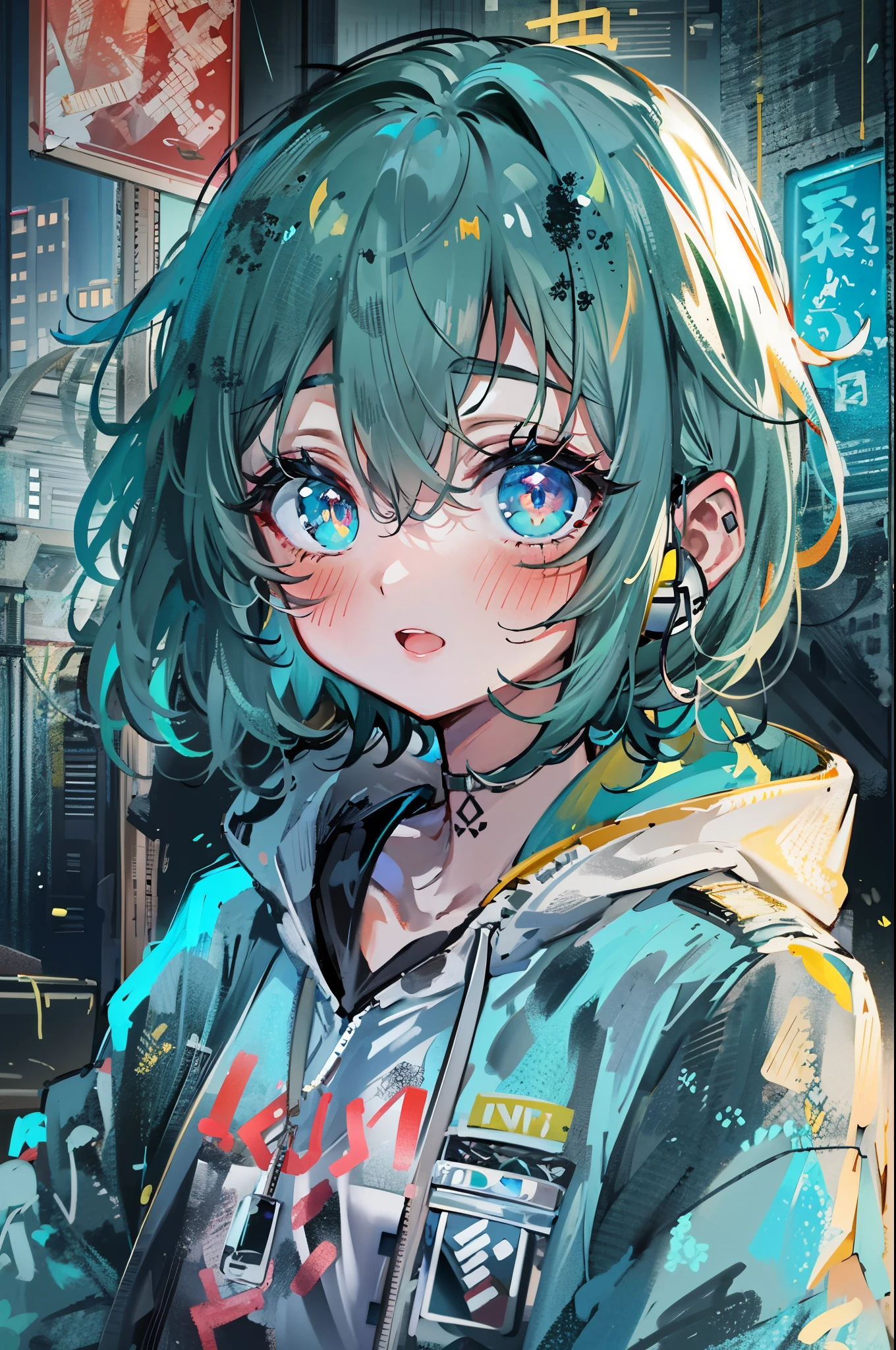 ((8K resolution))、((highest quality))、((masterpiece))、((super detailed))、1 female、solo、incredibly absurd、oversized hoodie、headphones、street、outdoor、rain、neon、short cut hair、bright colored eyes、put one&#39;s hand in one&#39;s pocket、shorts、water dripping, step piece, cool blue open short jacket, tattoo, Messy Fade Cut Hair,quirky sneakers,Eyeshadow on the eyes,unusual colored eyes, Vivid eyes,