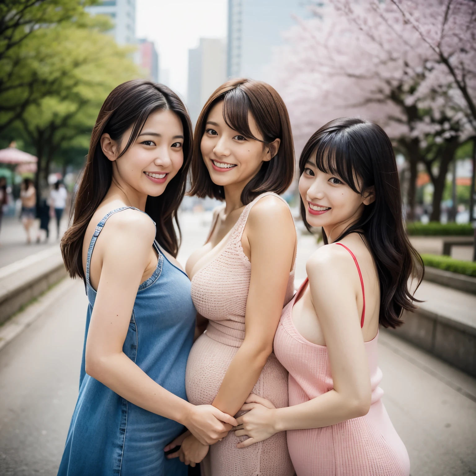 3 pregnant women,Three pregnant women,late pregnancy,Very big belly,Pregnancy,Round belly,Huge belly,spherical,large full breasts,Colossal tits,The season is spring、Cherry blossoms are blooming、Two Japan women taking photos in a park on the Sumida River in Japan、One was a 27-year-old woman.、Loose and fluffy long bob hair、One is a 31-year-old woman with large breasts and long bobs....The two are having fun、I'm wearing a sleeveless dress、I'm wearing a cardigan、street snap、Adult personal clothes、ssmile、Look at me with a kind smile.、The background is Tokyo、The bra is visible through the gap in the sleeves、I'm seducing you by showing you my bra、Brachira、You can see the bra through the gap