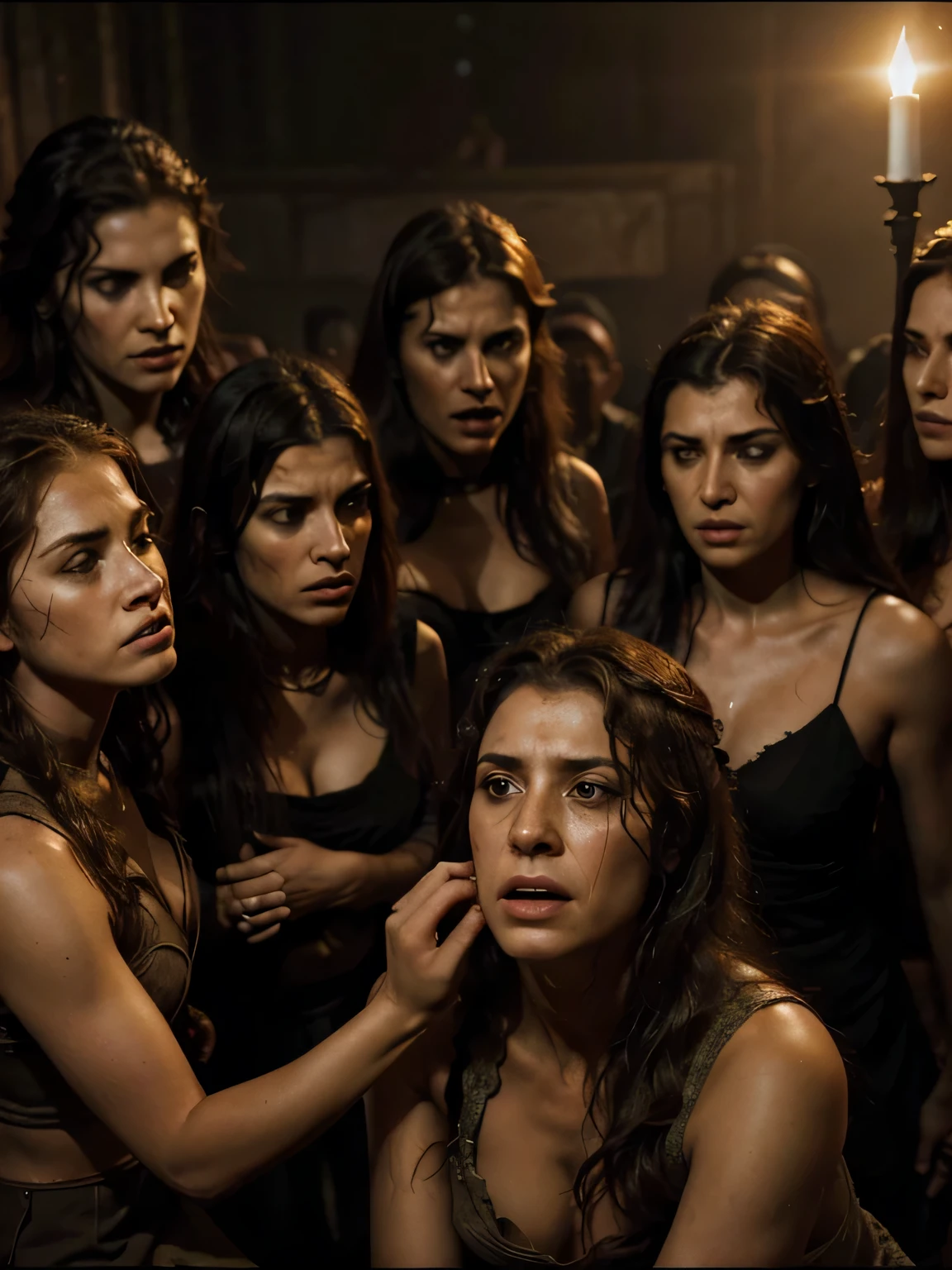 Craft a poignant poster for a theater show titled 'Die Treuerinnen,' featuring Hecuba, the wounded queen of Troy, at the center of the composition. Surround Hecuba with a group of women, positioned closely together, all sharing a look of collective fear and anguish in response to the tragic events. Depict these women with disheveled clothing and distressed expressions, conveying the harrowing impact of the Trojan War. Use lighting to accentuate the vulnerability of the group, highlighting the fear in their eyes. Ensure the title 'Die Treuerinnen' is prominently placed on the upper side of the poster, framing the evocative image of Hecuba and the women, offering a compelling visual narrative for the audience.