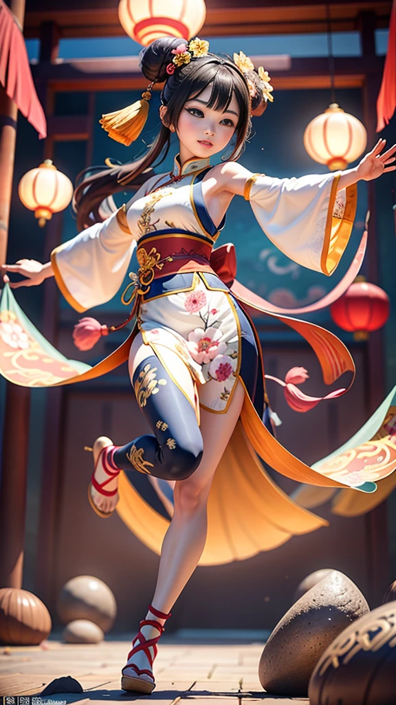 An ancient Chinese painting scroll,In the picture,The girl Chang'e in gorgeous Hanfu,Charming,Curved eyebrows,slender eyes,Flying to the sky in Dunhuang style,Lightweight,The clothes are fluttering,like a dance in the air。She moves vigorously and gracefully,Complementing the ancient murals,During parkour,She makes some difficult moves from time to time,like rolling、jump、Taxi etc.,Elegant and agile posture,Combined with traditional Chinese cultural elements,Demonstrates the wisdom and strength of the Chinese nation,The whole picture is rich in color,with magnificence、Antique as the main tone。The bright colors of the murals in the Blue Rock Grottoes,Express youth and vitality;The girl Chang'e's Hanfu is made of traditional Chinese red.、Bright yellow and other bright colors,Strong contrast with the background,Make the picture more vivid。The spectacular Dunhuang Grottoes in the background,Colors are warm,Showing the thickness and traces of time。In the picture心,A winding grotto corridor leads into the distance,The murals on both sides are lifelike,It's like telling an old story。There are also elements of traditional Chinese culture in the picture,Chinese dragon,Dragon culture,kite、paper lanterns、Chinese knot,national current,anime illustration,Featuring a playful character design style,Ultra high definition animation CG,3D rendering,Beautiful two-dimensional,Spring Festival poster,ultra HD16k