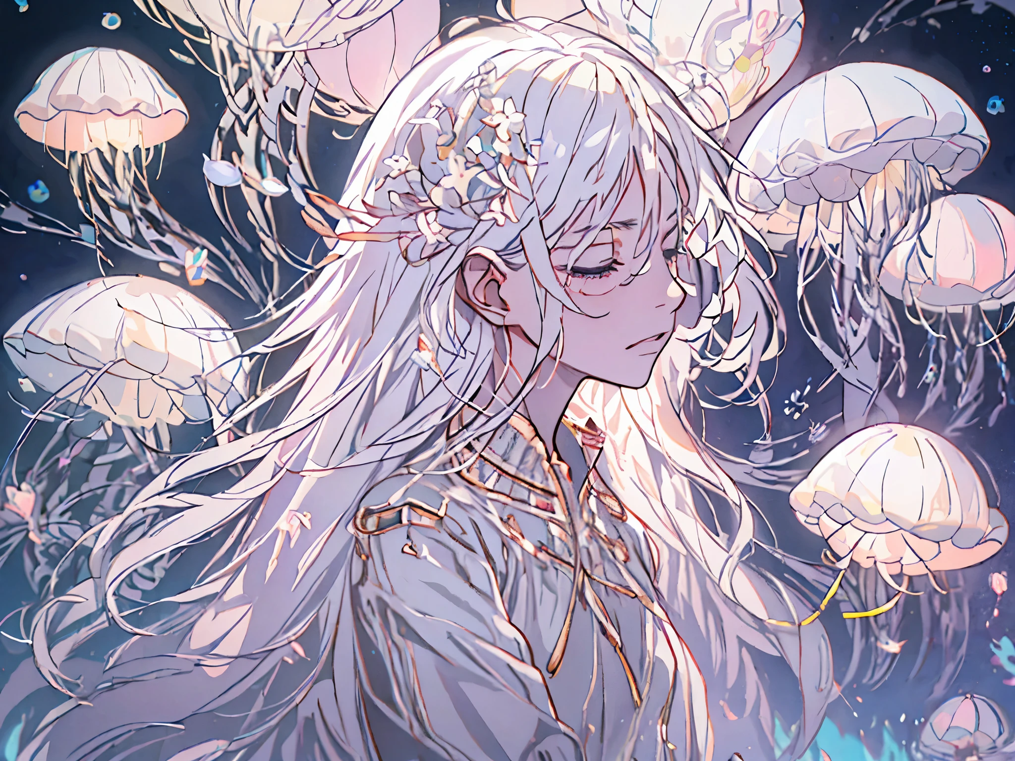 white hair girl，dream，Surrounded by glowing translucent jellyfish、waves、starry sky、moon、white blossoms、Dreamy、Artistic sense、Empty inspiration