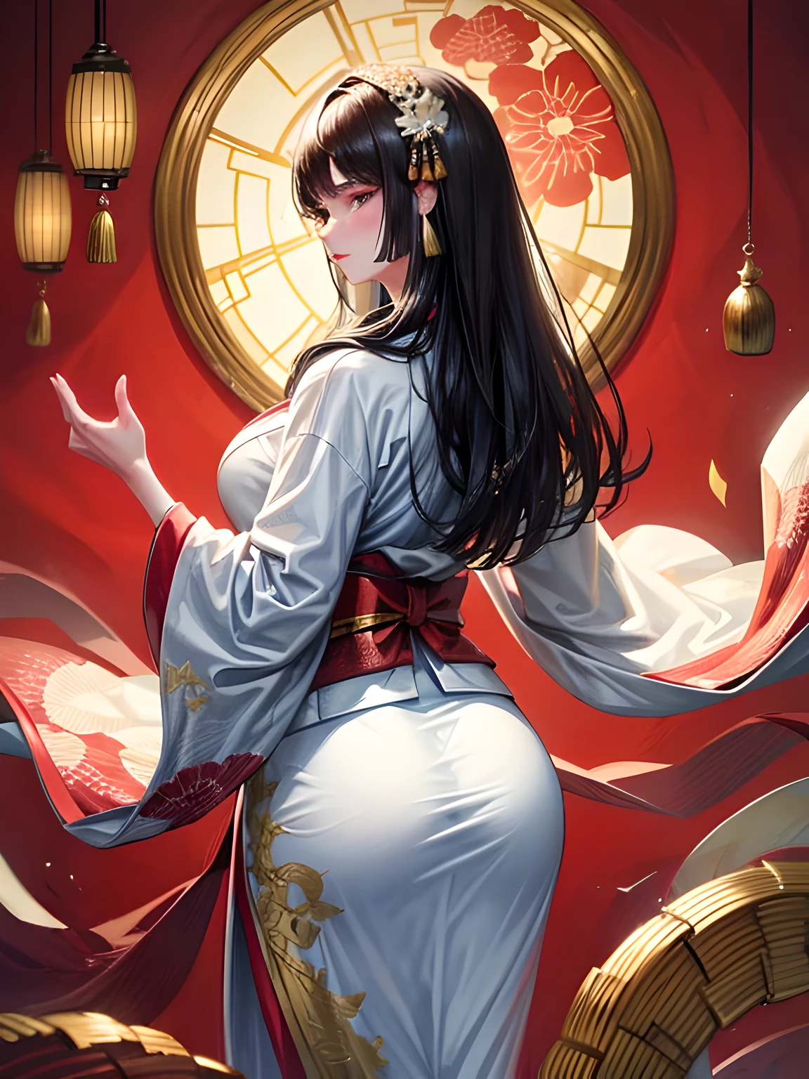 Highest quality,  Ultra-high resolution, Detailing, From behind, Beautiful woman, Big ample breasts, Full back dragon tattoo, (Exposed Chinese clothing, the back is wide open, Large slits on the sides, The knot of the string panties is visible through the slit)