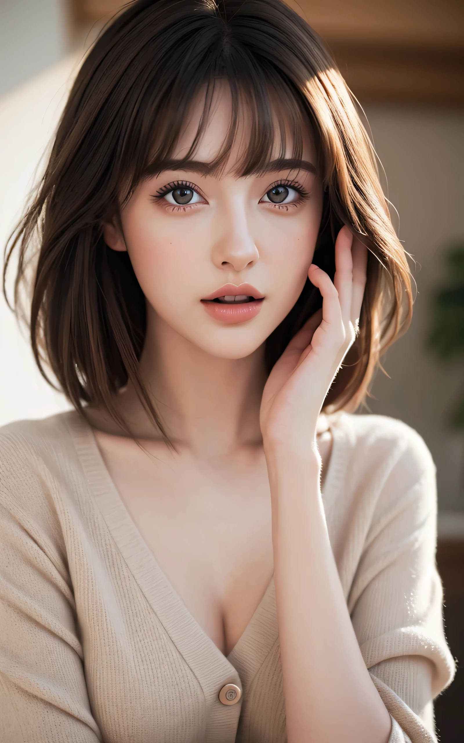 (8K, high resolution, Best quality, masterpiece:1.2)、1 japanese girl, cute, girly, pretty, Gentle face、shiny lips、Natural makeup, open your mouth to say something, (Catch light:1.2), Medium Hair, Smooth Light Brown Hair、Hair swaying in the wind, bangs、8K、high detailing、detailed hairstyle、detailed face、detailed eyes、spectacular movie lighting、octane renderings、with a vibrant、Ultra-realistic、Perfect limbs、perfect anatomia, Beautiful proportions, Blouses, cardigans, skirts,
