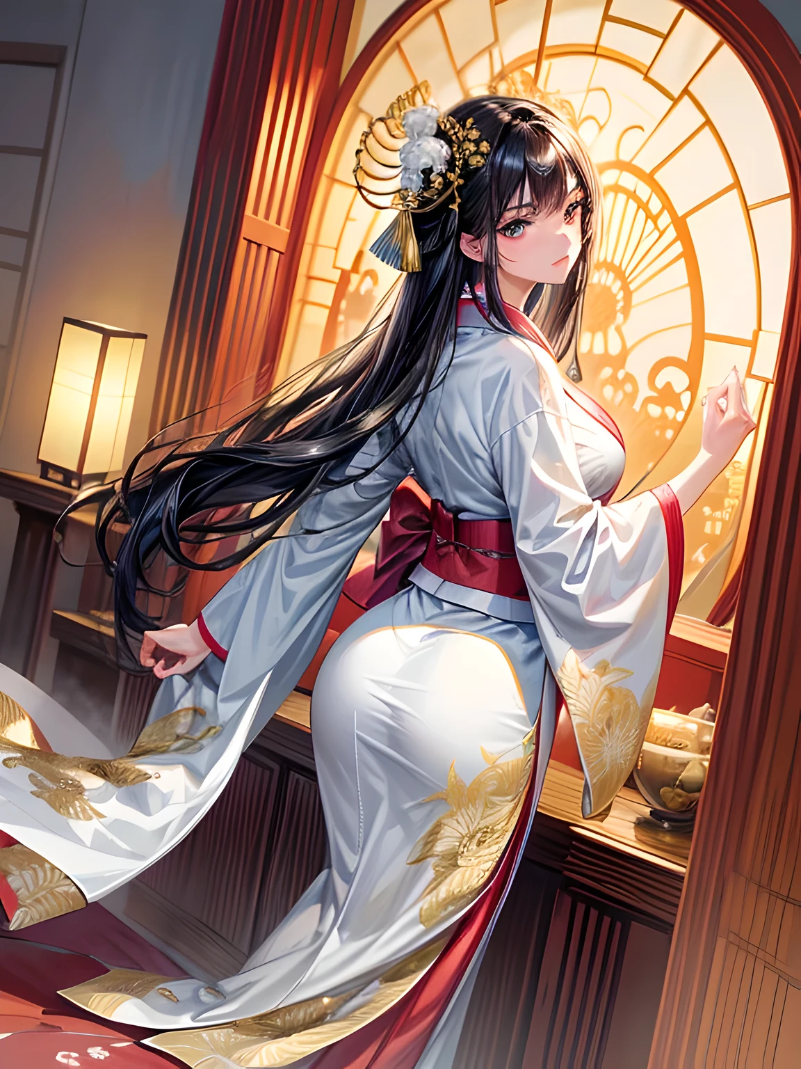 (Beautiful model in Japanese kimono commercial, beautiful straight long black hair), alone, ((face is 80% beauty and elegance, 20% pretty and cute:1.5)), clear eyes, (fine eyes, light green eyes, bright pupils), double eyelid, (Slightly thick and sexy lips:1.2), ((Super detailed and incredibly high resolution Deep-white Kimono:1.2)), Highly detailed facial texture, impressive body shape, curvaceous and very attractive woman, High resolution RAW color photography professional photography, break ultra high-resolution textures, High resolution body rendering, Big eyes, an unparalleled masterpiece, incredible high resolution, Super detailed, stunning ceramic skin, break ((Turn around to show the pattern of the kimono:1.5)), ((She wears a white kimono with plenty of glittering gold embroidery of a rising dragon.。:1.5)), ((The embroidery of the rising dragon on the white kimono is very dazzling.:1.2)), (A carefully crafted sensual Japanese kimono), ((The embroidery pattern is a dragon rising to the sky.):1.2), ((White kimono with elaborate and elegant decorations)), (Photographed in front of the round sliding sliding window in a Japanese-style room)), break ((highest quality, 8K)), sharp focus:1.2, (layer cut, big:1.2), (beautiful woman with perfect figure:1.4), (Beautiful and elegant rear view:1.3), thin waist, (correct hand shape:1.5), (full body shot | cowboy shot)
