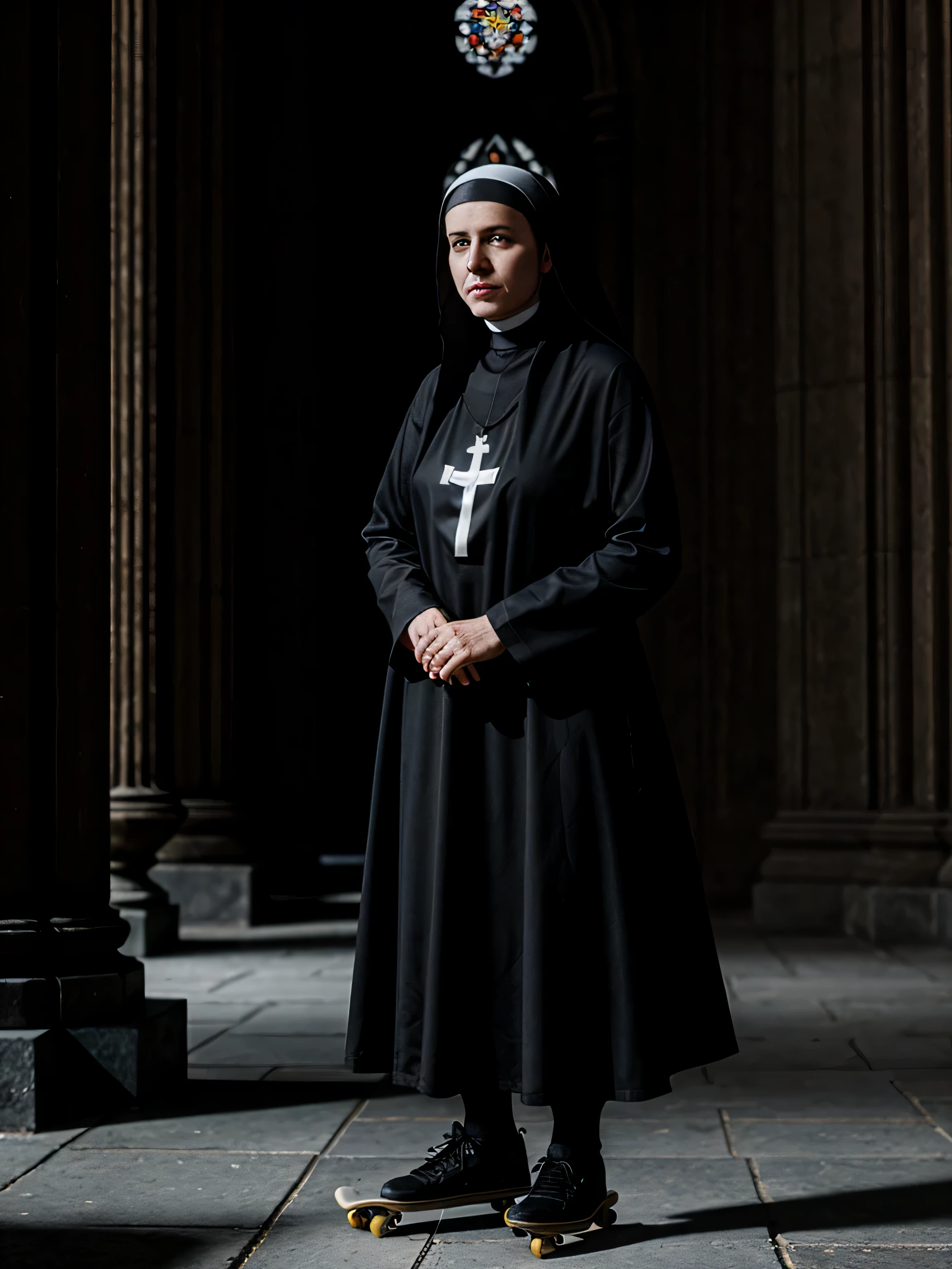photo of a nun with a skateboard in a gothic temple