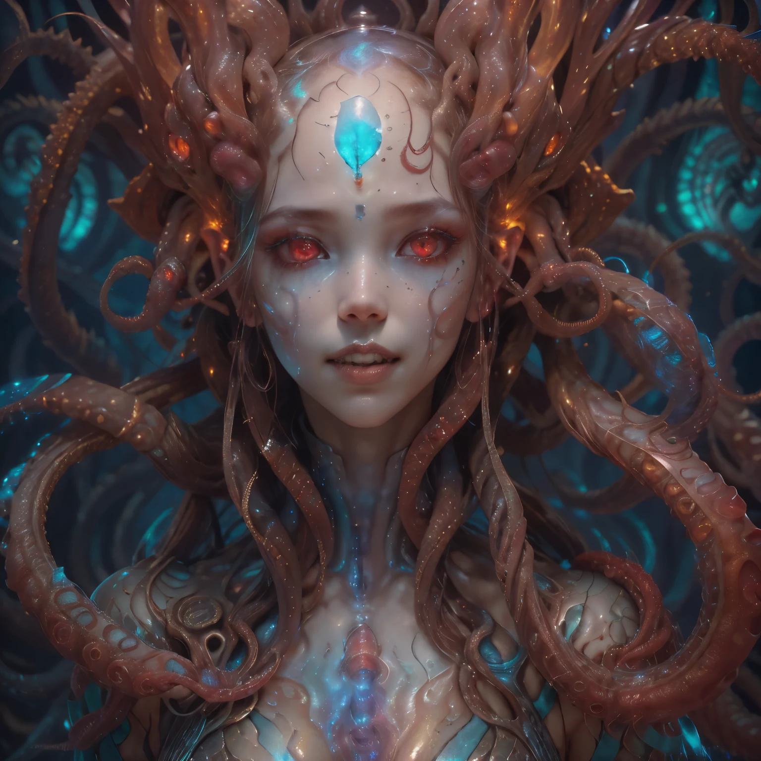 best quality, masterpiece, ultra high resolution, (photos realistic:1.7), scary and sexy detailed art in color, Portrait, (beautiful and obscene female alien:1.4), (vulgarity1.7), (she has red eyes with no pupils:1.8), (She has translucent pale skin:1.7), (There is a female genital-like organ in the middle of the forehead:1.95), (She has the most beautiful face in the history of the universe:1.2), (She has multiple bioluminescent organs on the side of her tentacles:1.4), (Her body is covered with an iridescent exoskeleton:1.3), an evil gaze that seduces, (large mouth:1.1), (sharp teeth like a vampire:1.2), Full body portrait, (bio luminescent:1.5), (Smile wickedly:1.3), (sexypose:1.5), alien, No humans, cells are fused, (There are lots of translucent tentacles from her head:1.3) extraterrestrial, cell, bio image, best quality, 8K,In 4K_quality, High freshness, Dramatic Lighting, cinematic quality, detail up, (exquisite details:1.2), High freshness, drawing faithfully, (Thick eyebrows:1.2), Beautiful eyes with fine symmetry,(Highly detailed face and eyes:1.2),(Super detailed skin quality feeling:1.4), perfect anatomy, (Beautiful toned body:1.5), (Moist skin:1.2), not wearing makeup, (dark circles:1.1), long canines, cinematic drawing of characters, cinematic quality, detail up, (exquisite details:1.2), high resolution, High freshness, drawing faithfully, official art, Unity 8K Wall paper, ultra detailed artistic photography, midnight aura, unreal engine 5, Ultra Sharp Focus, art by Amano Yoshitaka, ArtGerm, Roisch, intricate artwork,ultra realistic realism, dream-like, nautilus, Creation of fantasy, dream Snail, (biopunk nautilus:1.3),Thrilling color schemes, seductively smiling, Blue tentacles, Amazing mutation, well-proportioned body, goddess of the deep sea, fractal, Geometric pattern, impossible figures,(asymmetry:1.4), (white tentacles with blue stripes:1.4), subtle emerald green accents, (expression of ecstasy:1.6), She is doing a sexy pose like a nude model